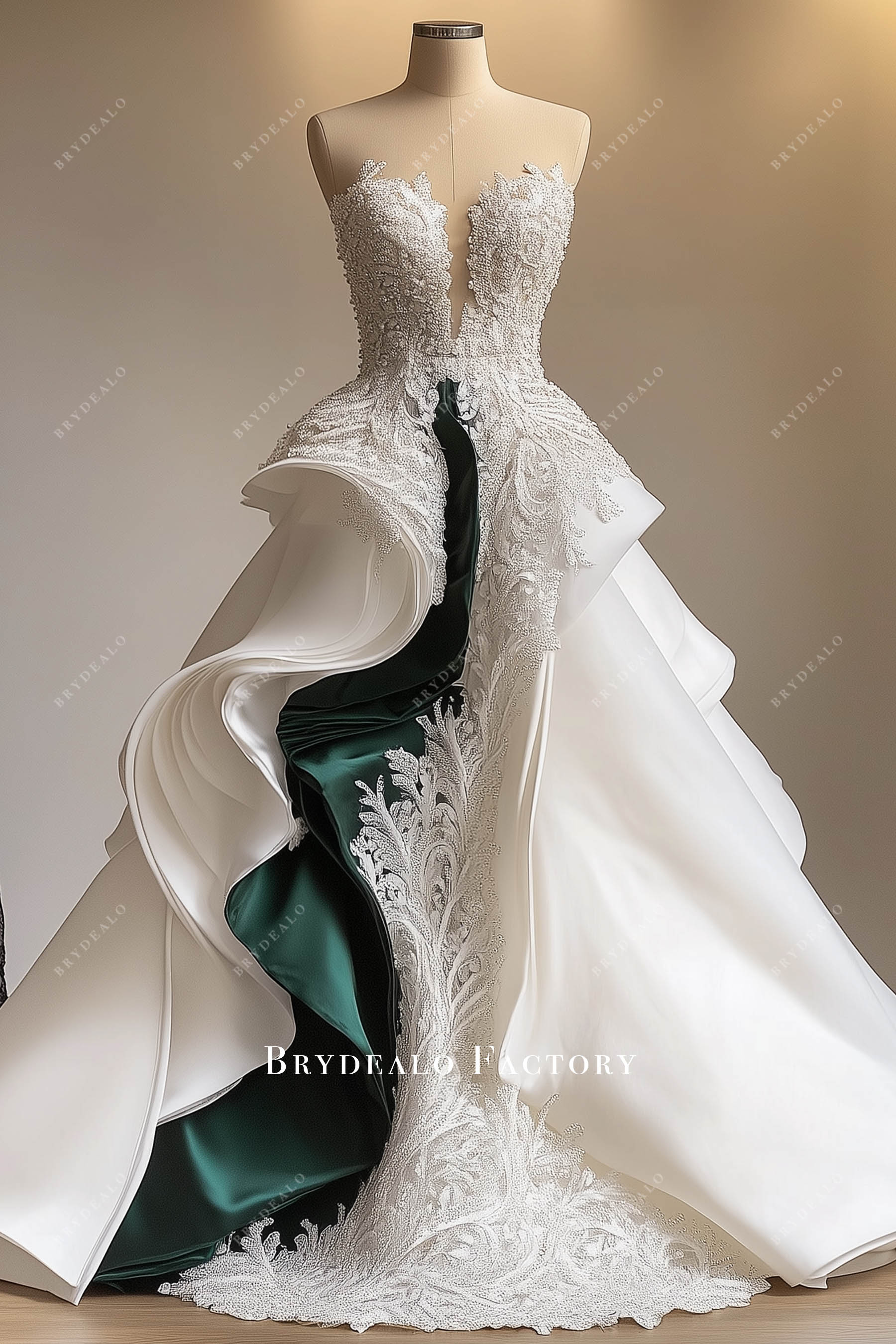 green and silver wedding dresses Elegant Emerald Green Wedding Dress with White Lace Appliqués & Chapel  Train – FW235 – Viniodress main image 1