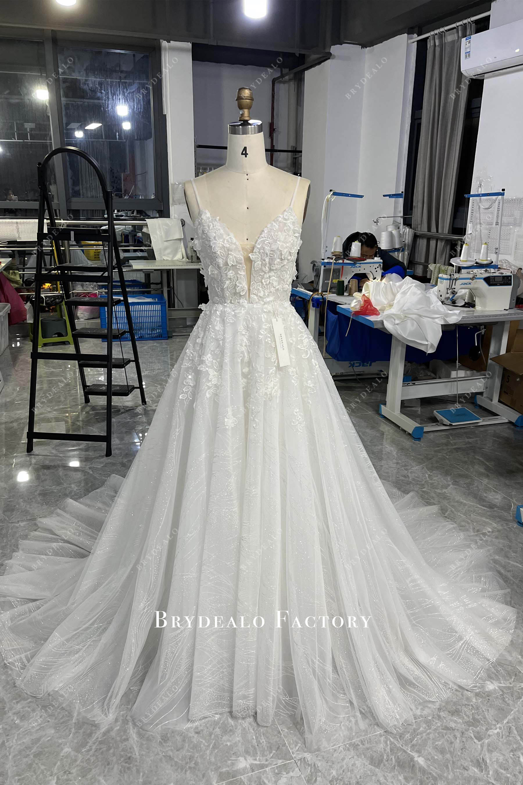 luxury thin straps plunging wedding dress