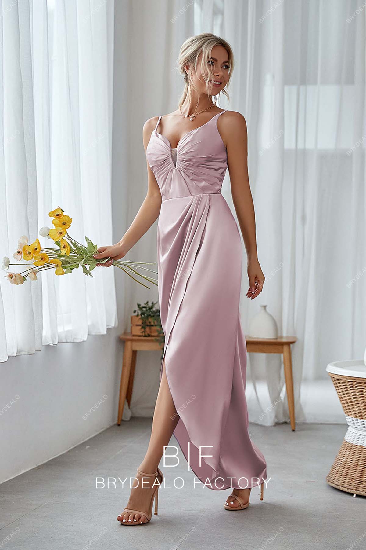 Wisteria Sleeveless Ruched Satin Ankle Length Wrap Dress