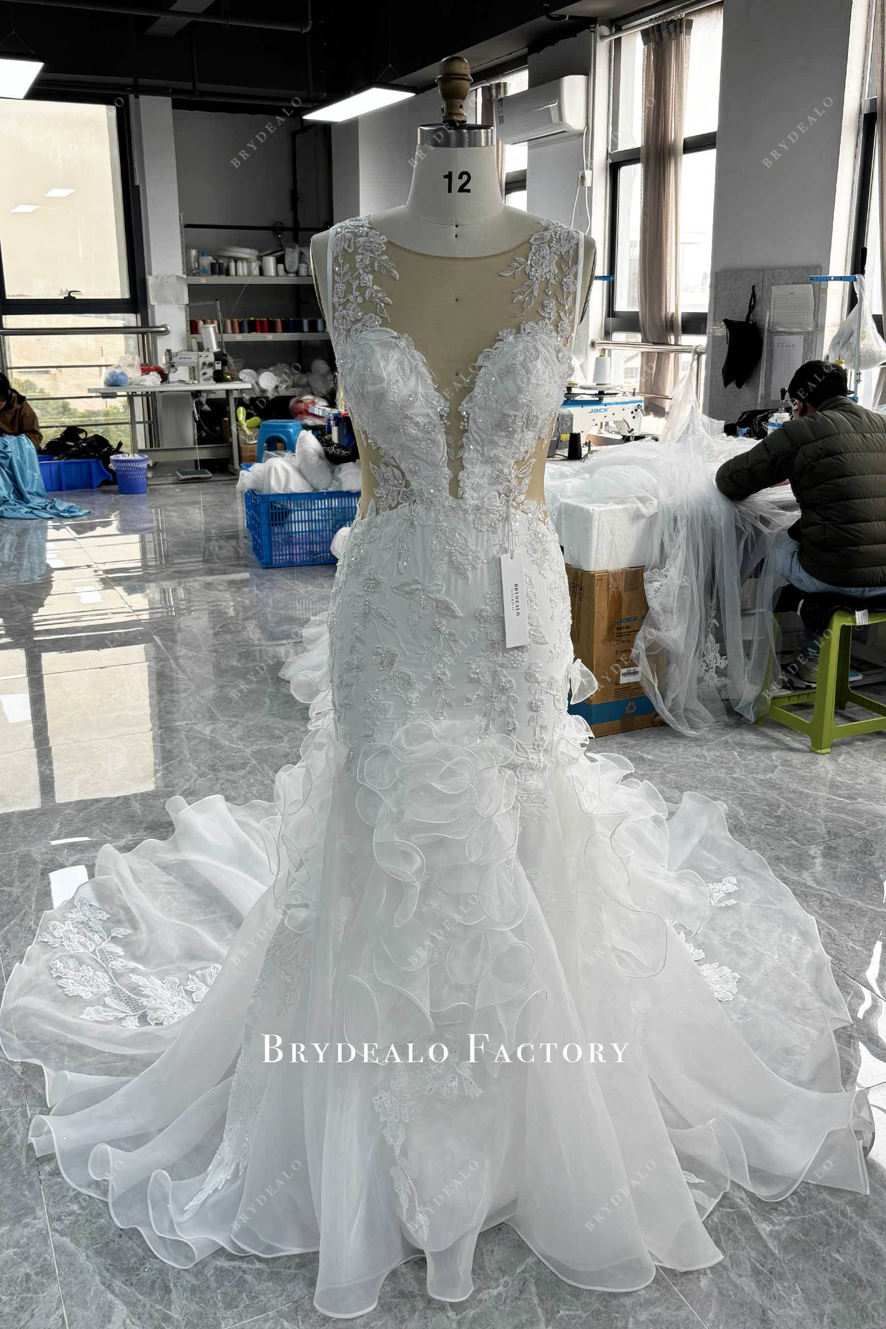 mermaid cutout lace organza bridal gown