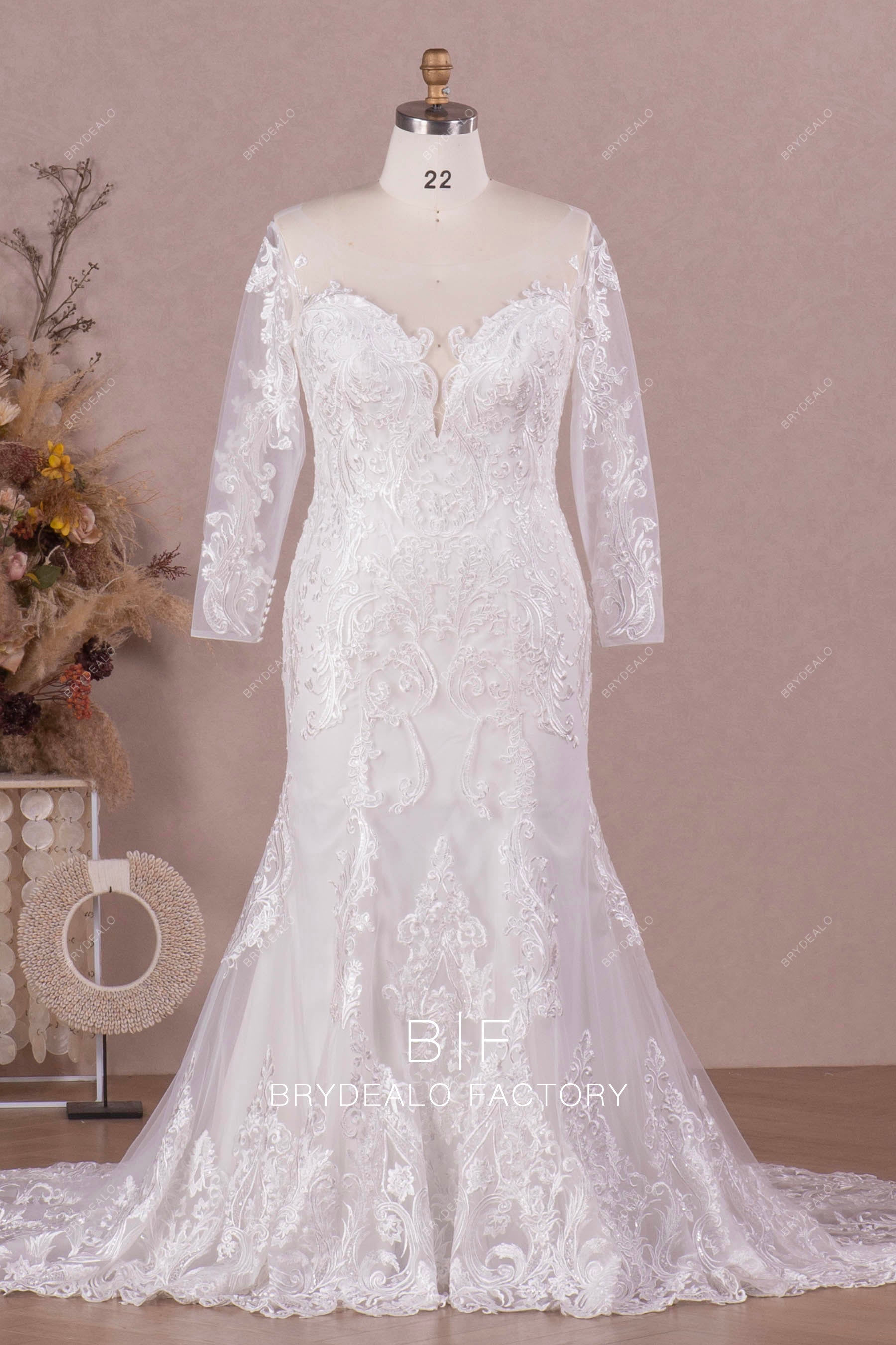 mermaid lace sleeved wedding dress