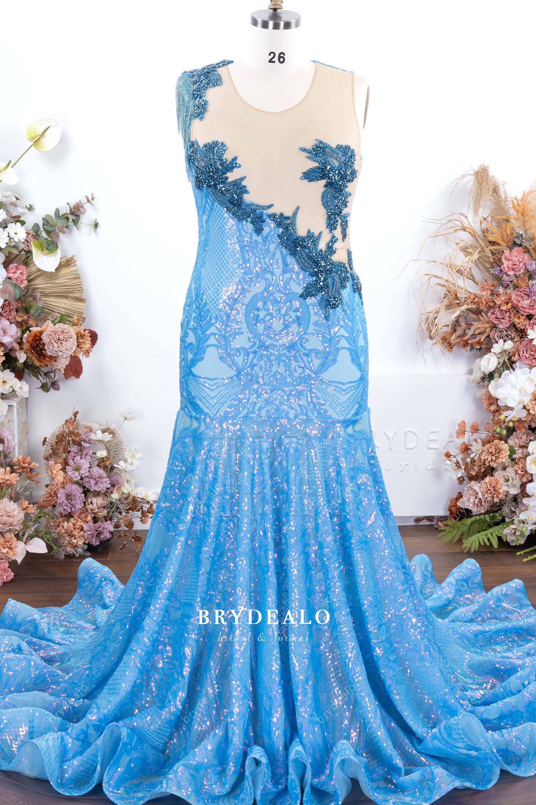 mermaid shoulder tassel prom dress