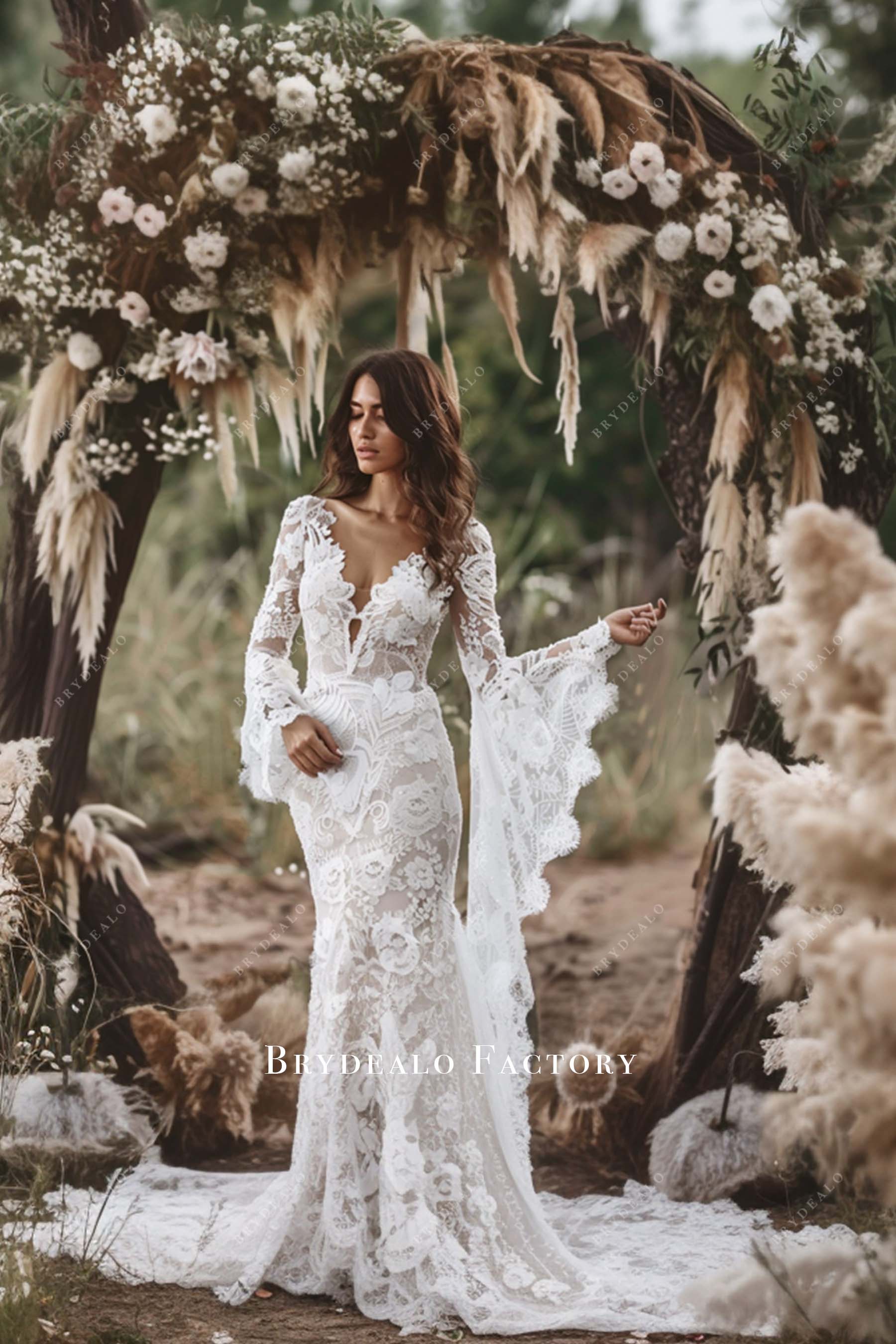 chinese dress ladies Lace Long Sleeves Boho Wedding Dresses with Open Back – loveangeldress