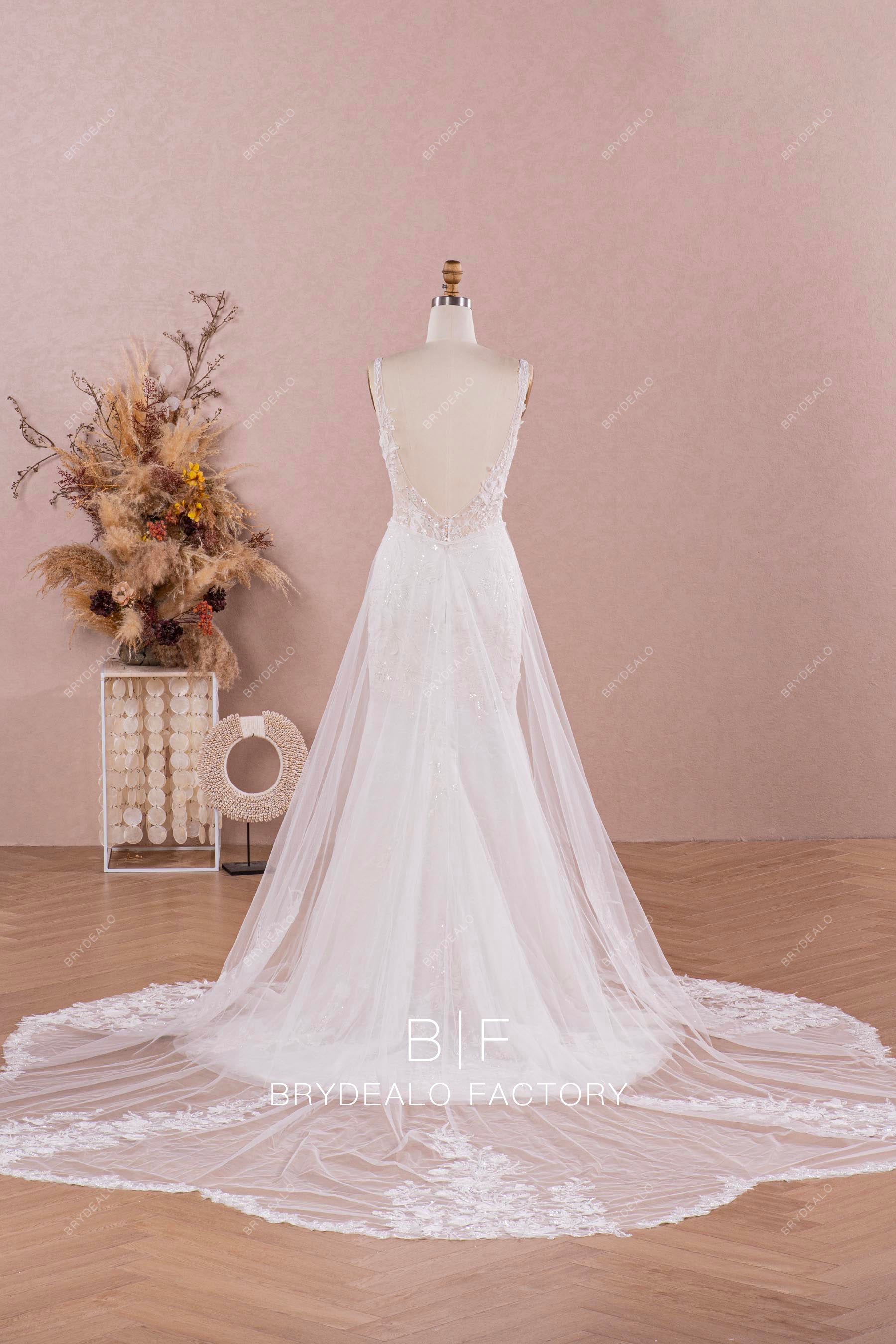 mermaid wedding dress with detachable long cutout overskirt