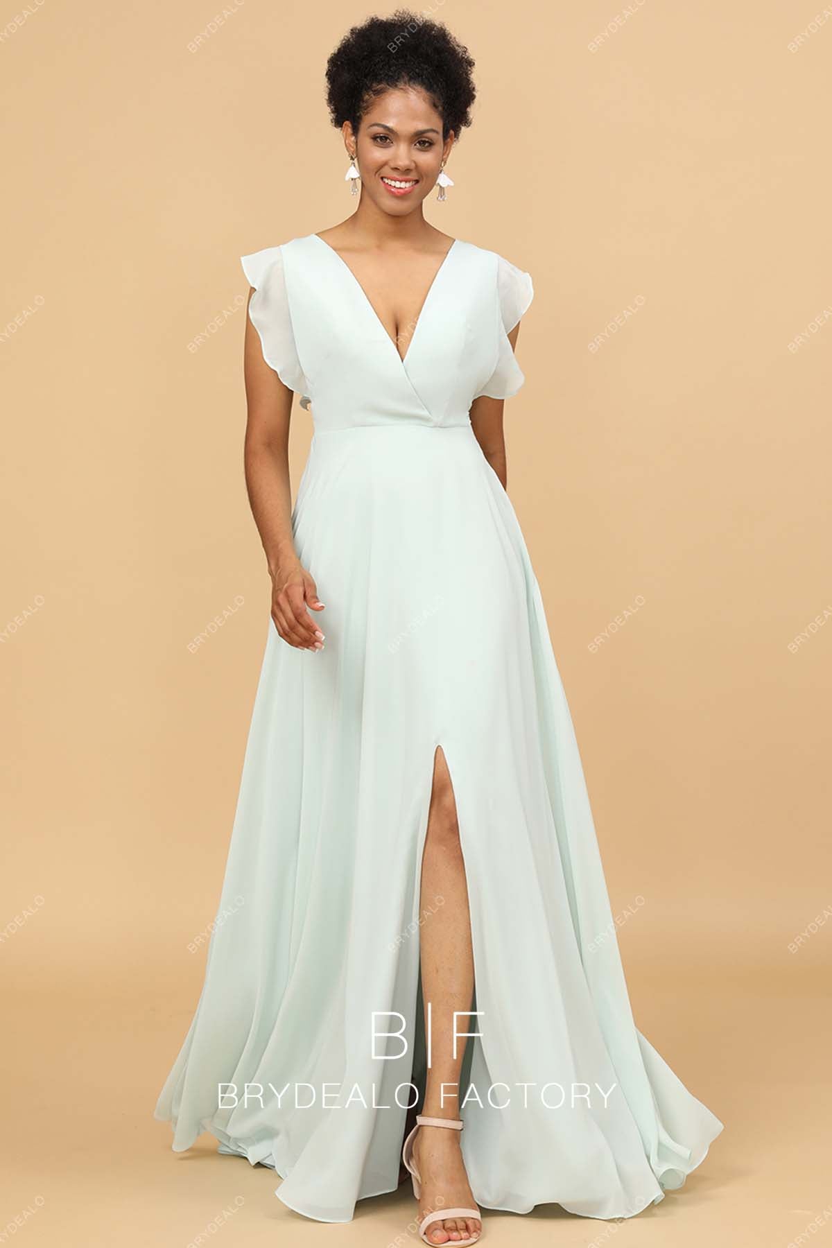 Mint Flutter Sleeves Plunging Neck Slit Chiffon Bridesmaid Dress