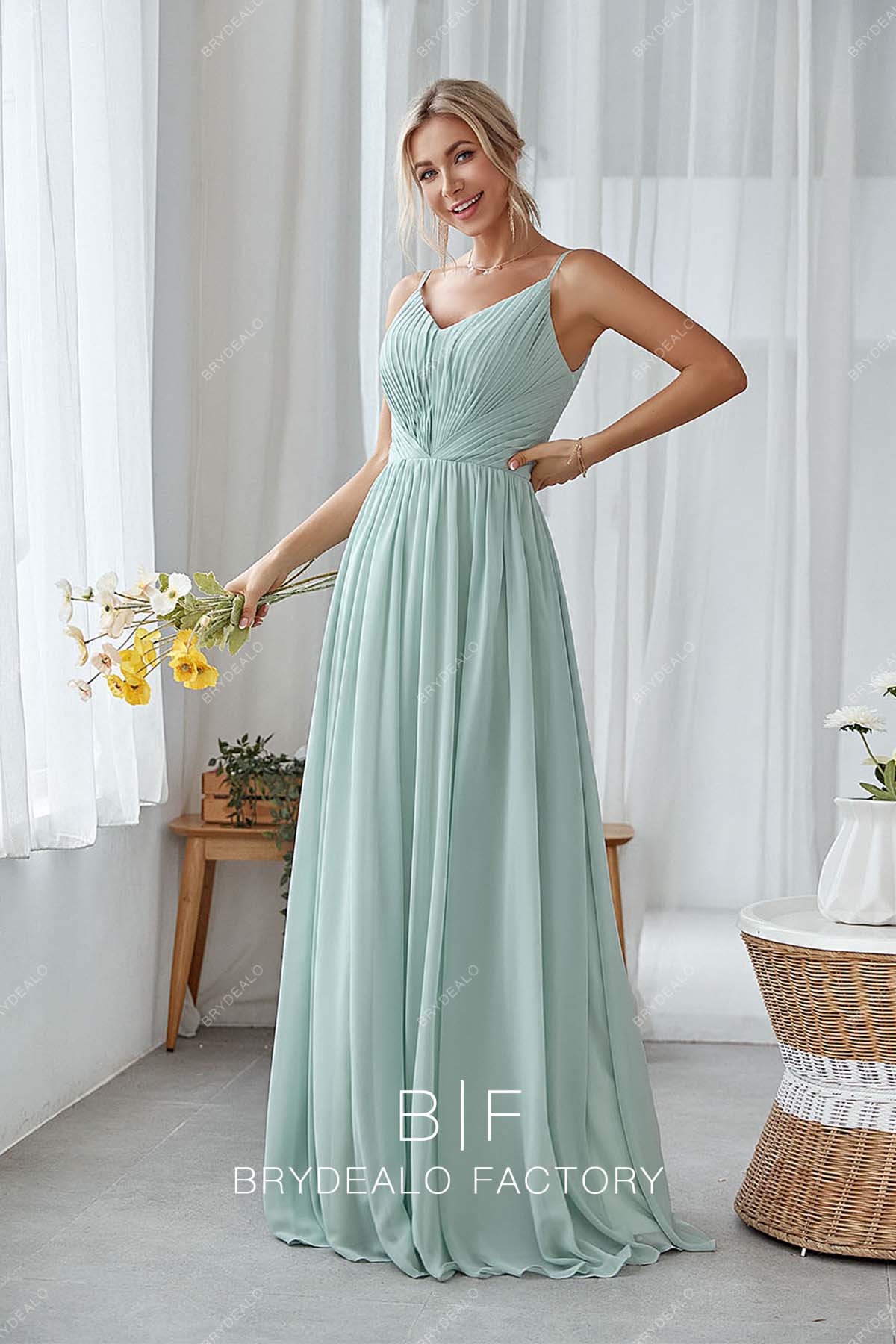 Mint Green Ruched V-neck Spaghetti Straps Chiffon Bridesmaid Gown