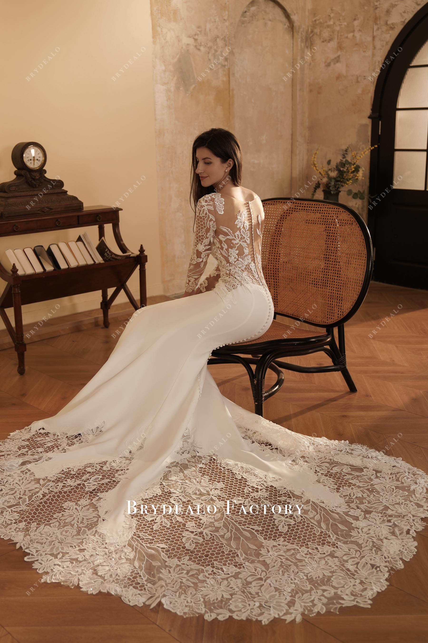 modern lace crepe cutout long train bridal gown
