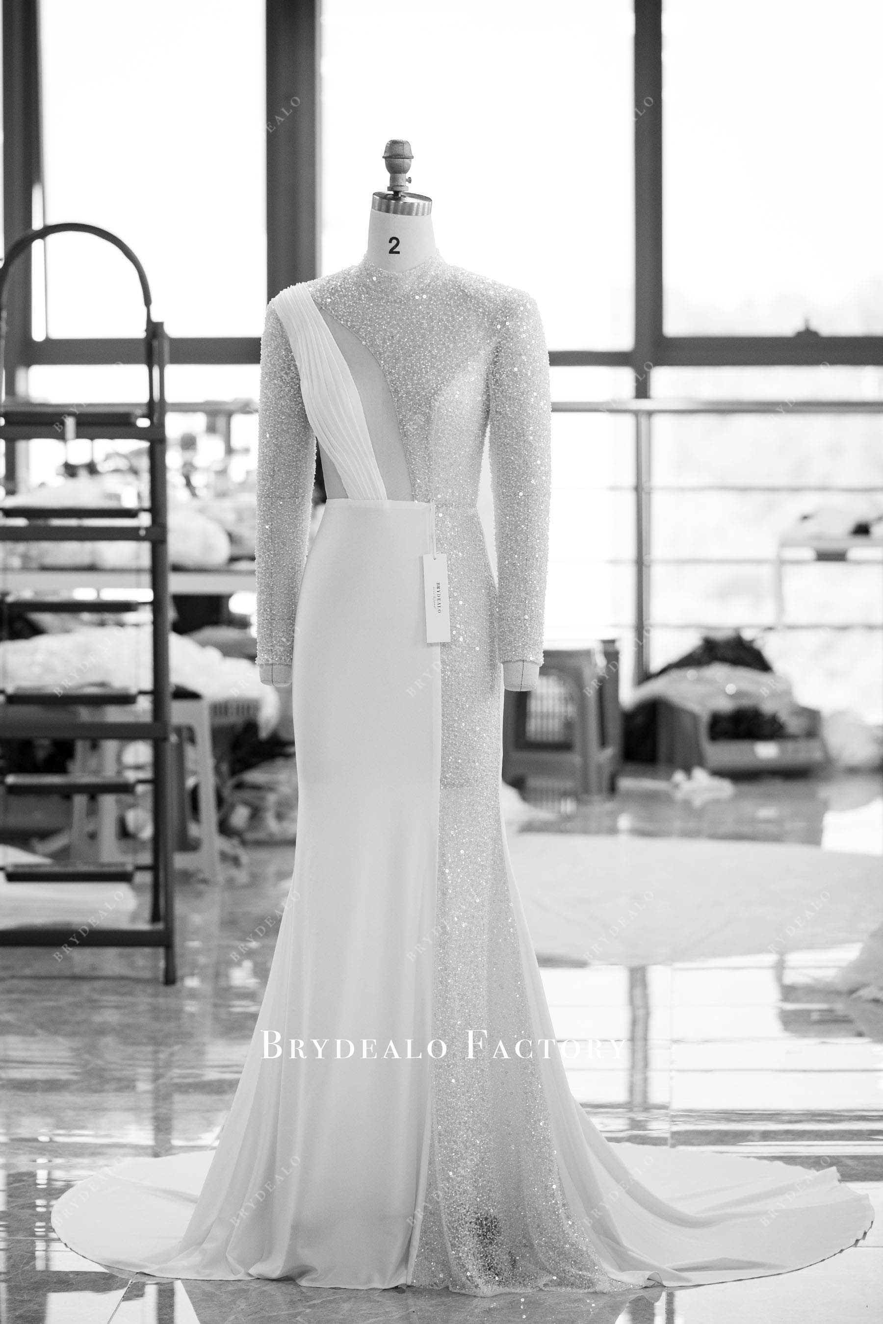 modern long sleeve jersey mermaid wedding dress