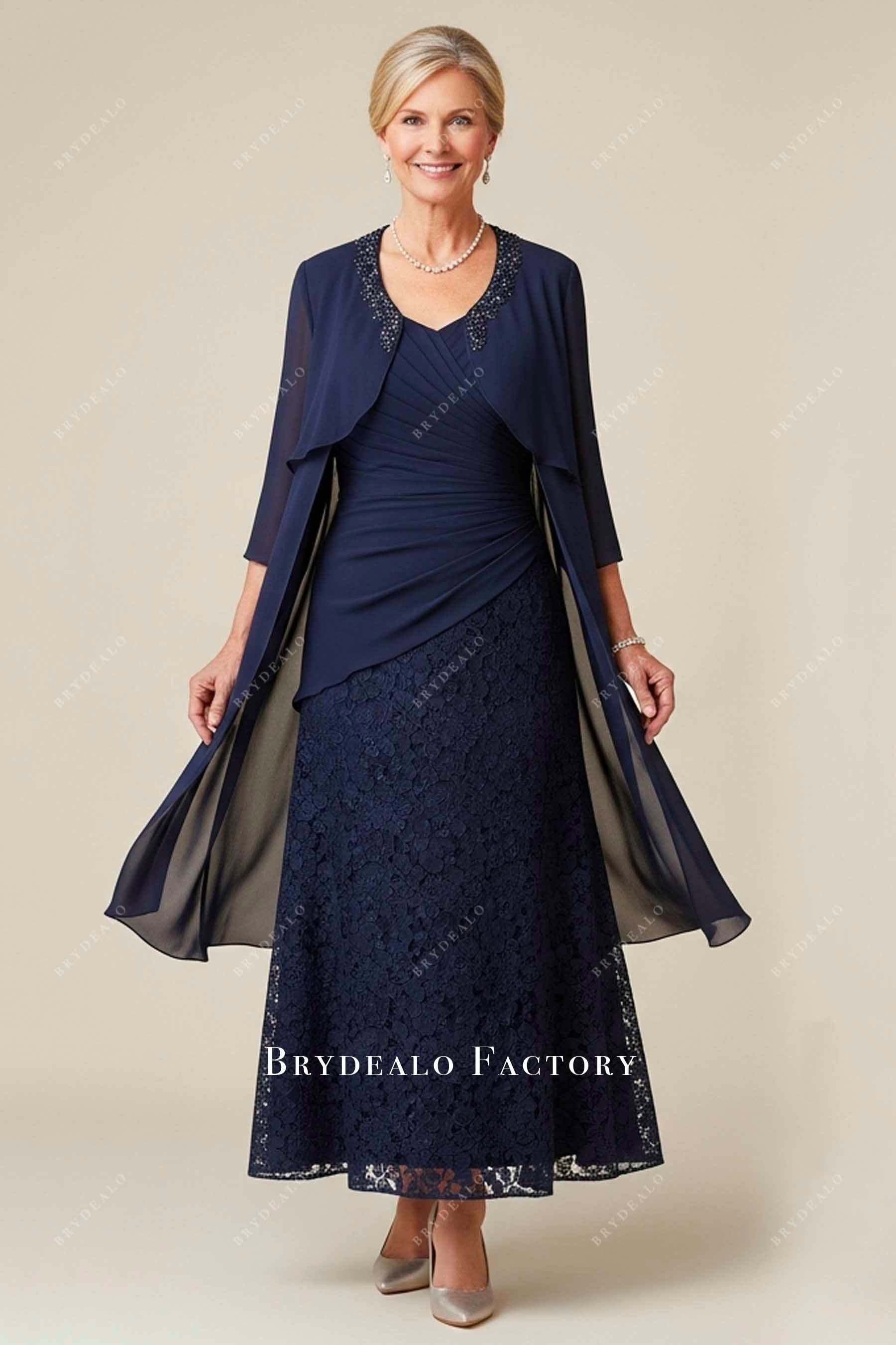 Dark Navy Chiffon Jacket Lace Mother Bride Dress Dark Navy Chiffon Jacket Lace Mother Bride Dress