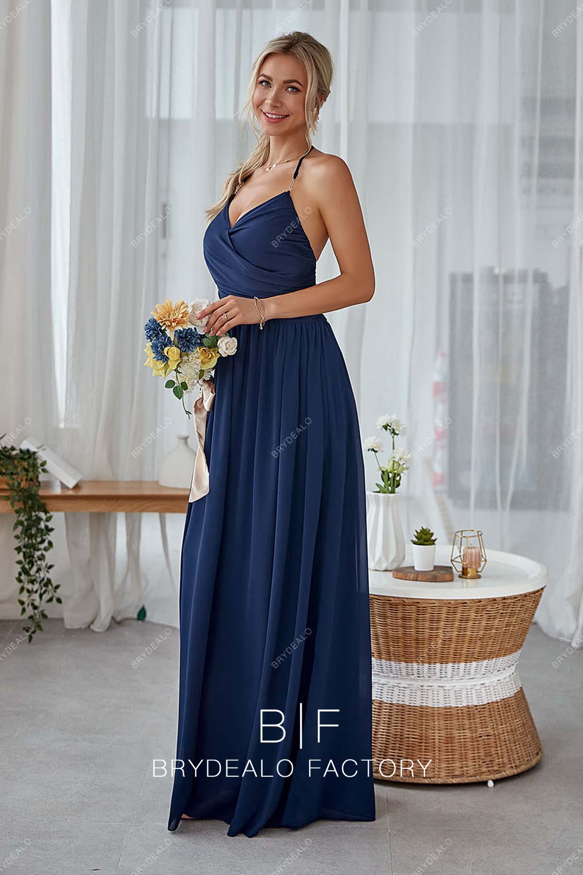 Navy Chiffon Halter Floor Length Bridesmaid Gown