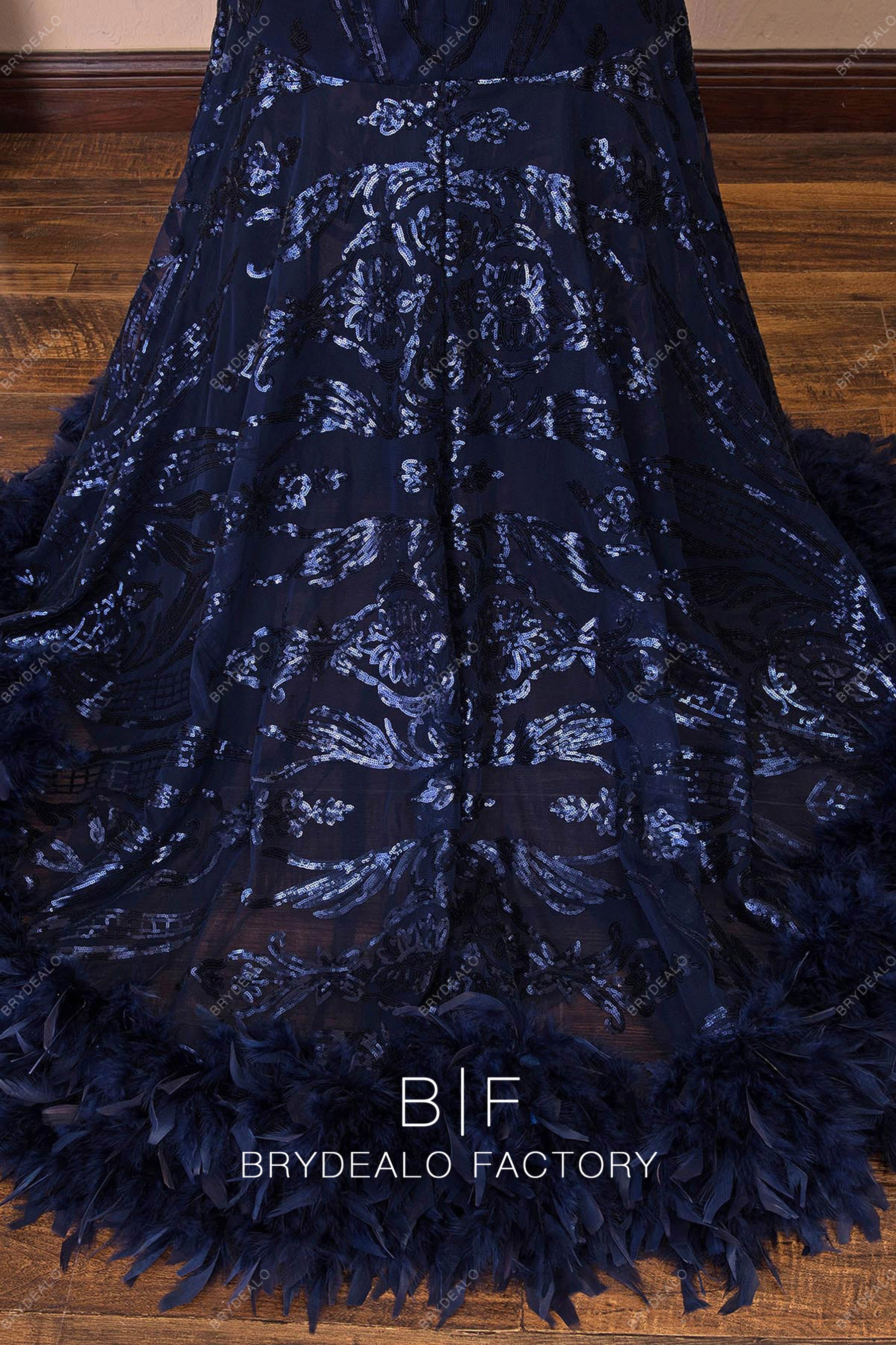 navy feather train prom dress