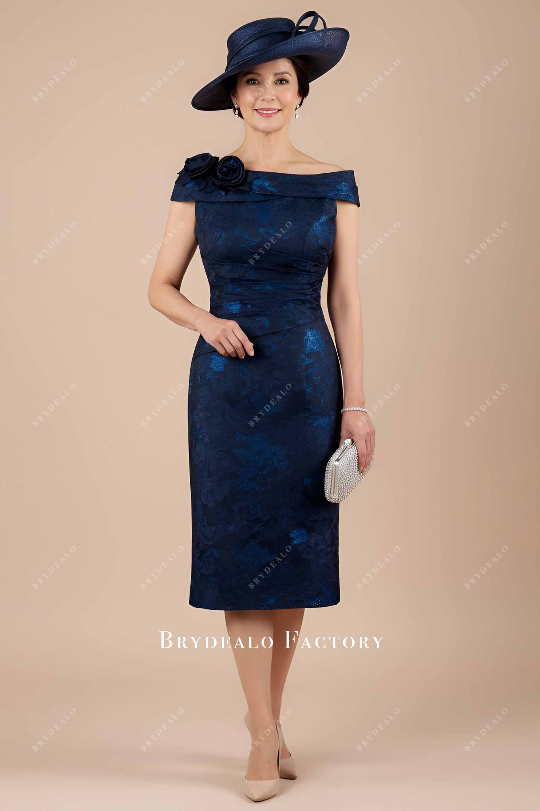 Jacquard Asymmetry Flower Shoulder Pencil Mother of Bride Dress