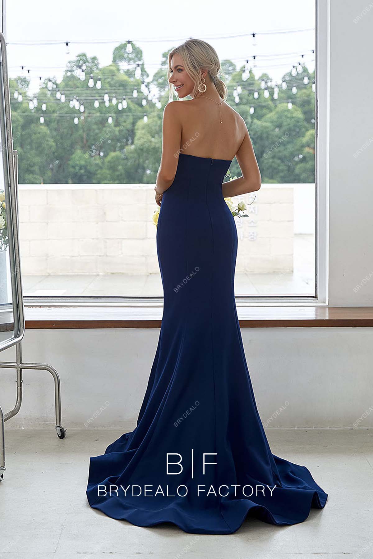 open back navy blue long train bridesmaid dress