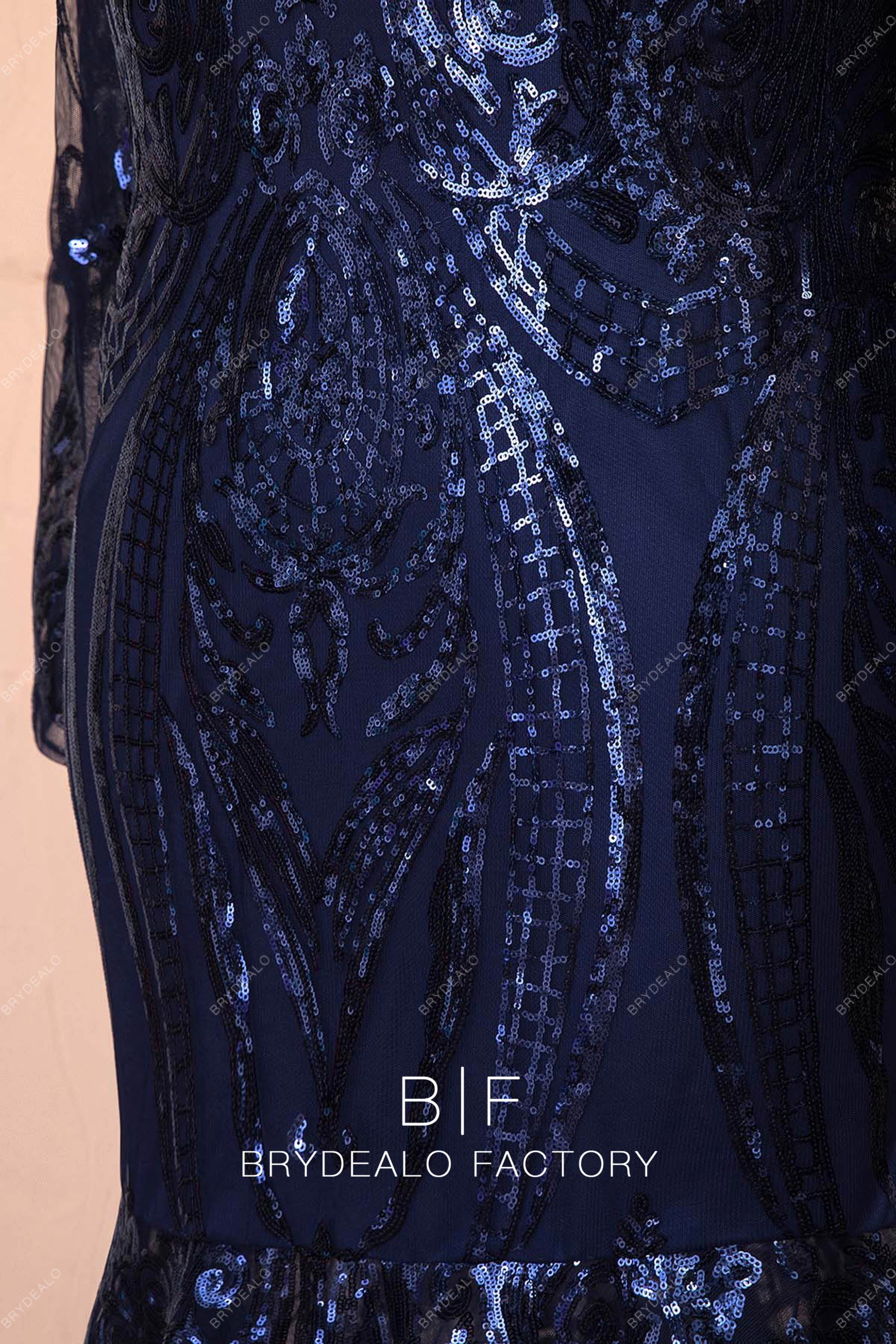 navy patterned sequin formal dress
