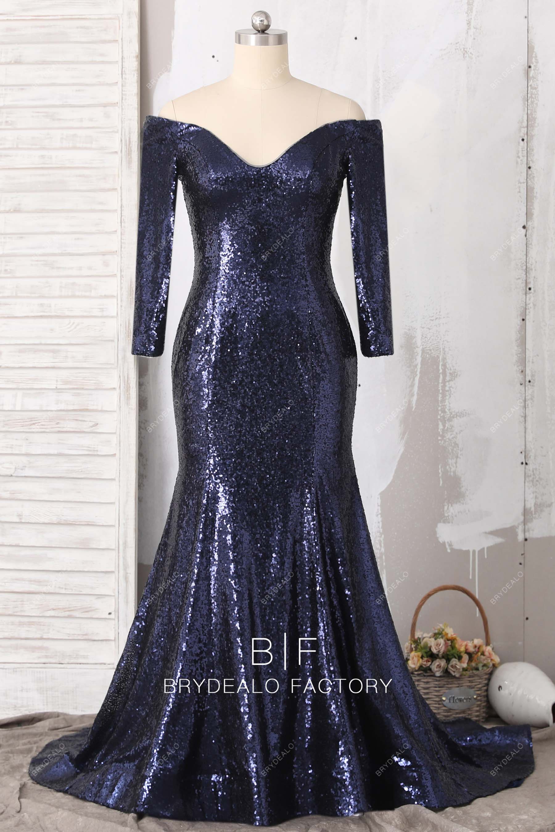 Long Sleeve Navy Sequin Prom Dress Plus Size Navy Sequin Off