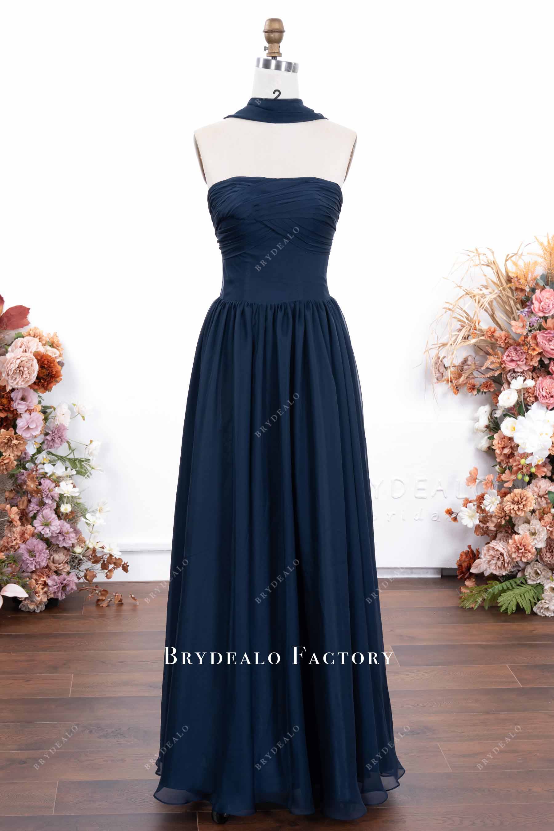 Navy Chiffon Straight Across Neck A-line Bridesmaid Dress Navy Chiffon Straight Across Neck A-line Bridesmaid Dress
