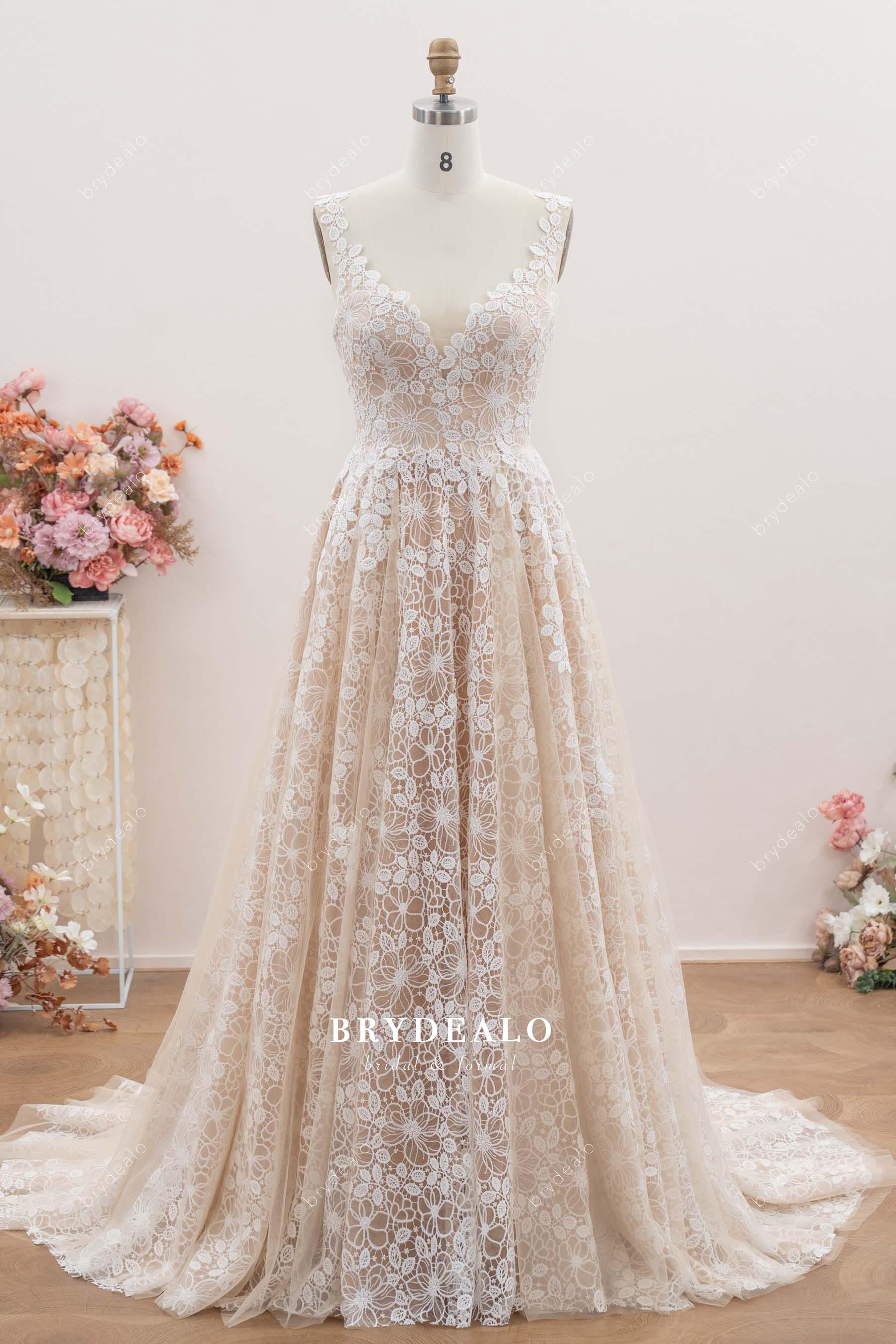 nude allover flower lace wedding dress