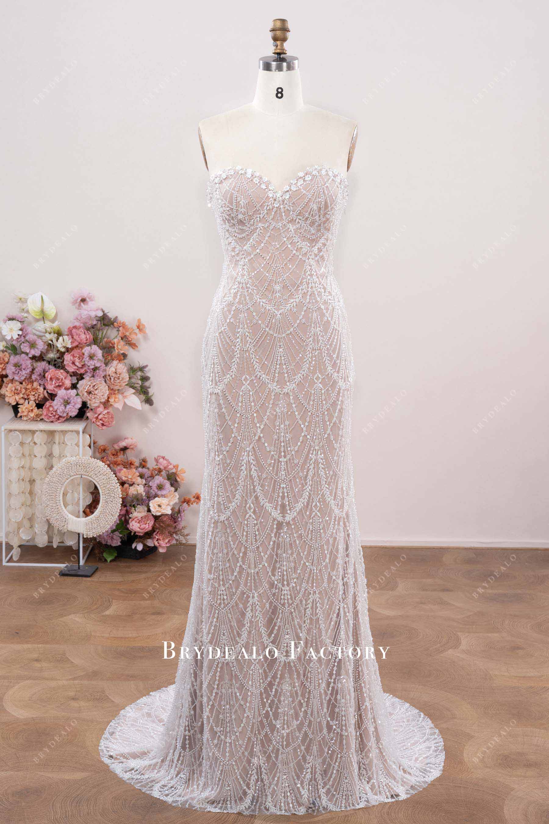 nude beige fit flare beaded lace wedding dress