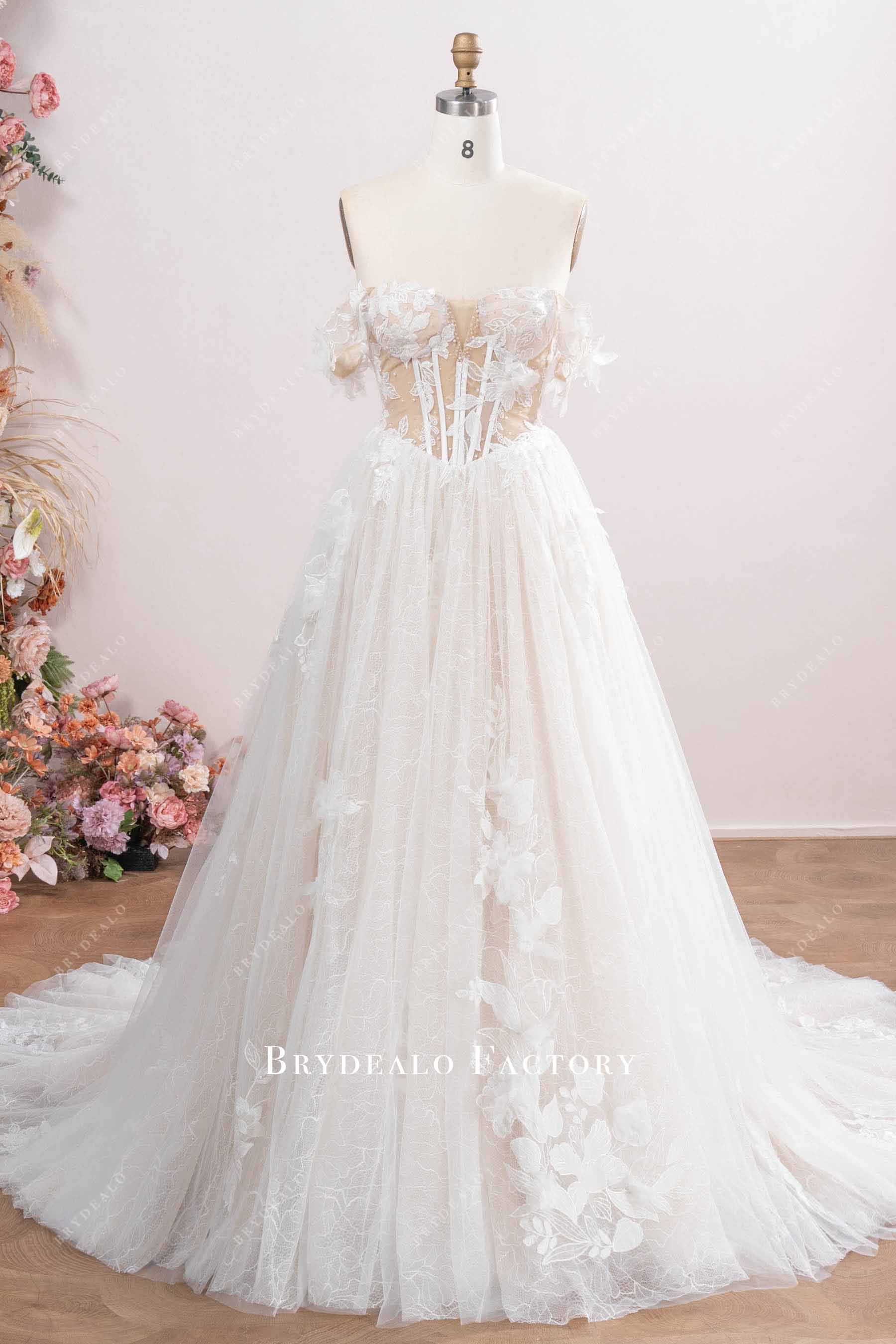 Nude Beige Corset Floral Lace Tulle Aline Wedding Dress