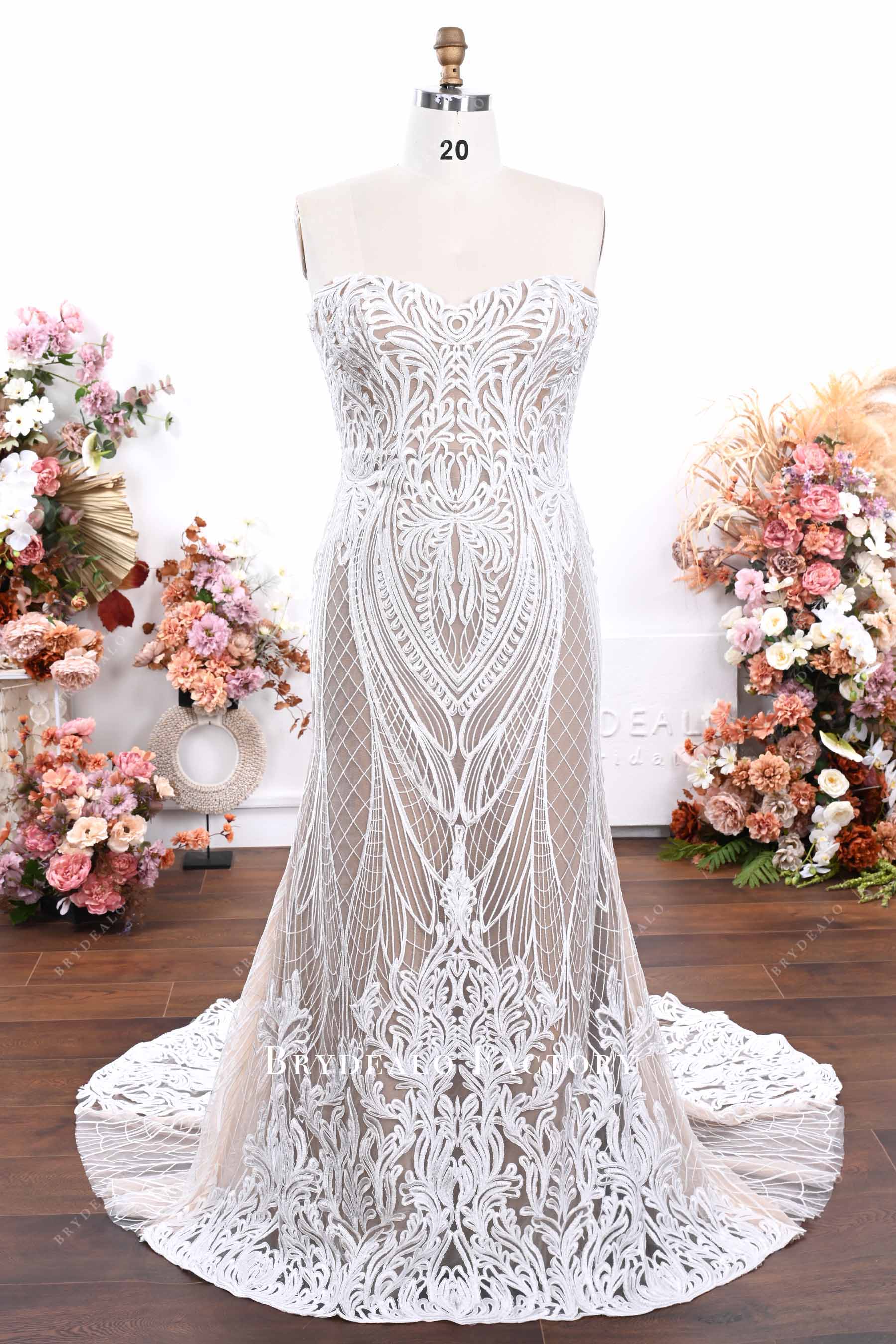 nude beige strapless mermaid lace wedding dress
