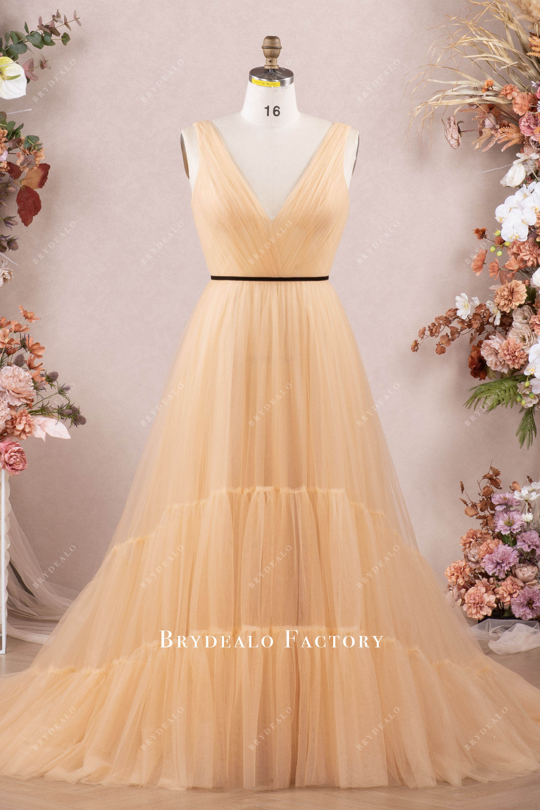 Nude Beige Pleated Tulle Tiered A-line Prom Dress Nude Beige Pleated Tulle Tiered A-line Prom Dress