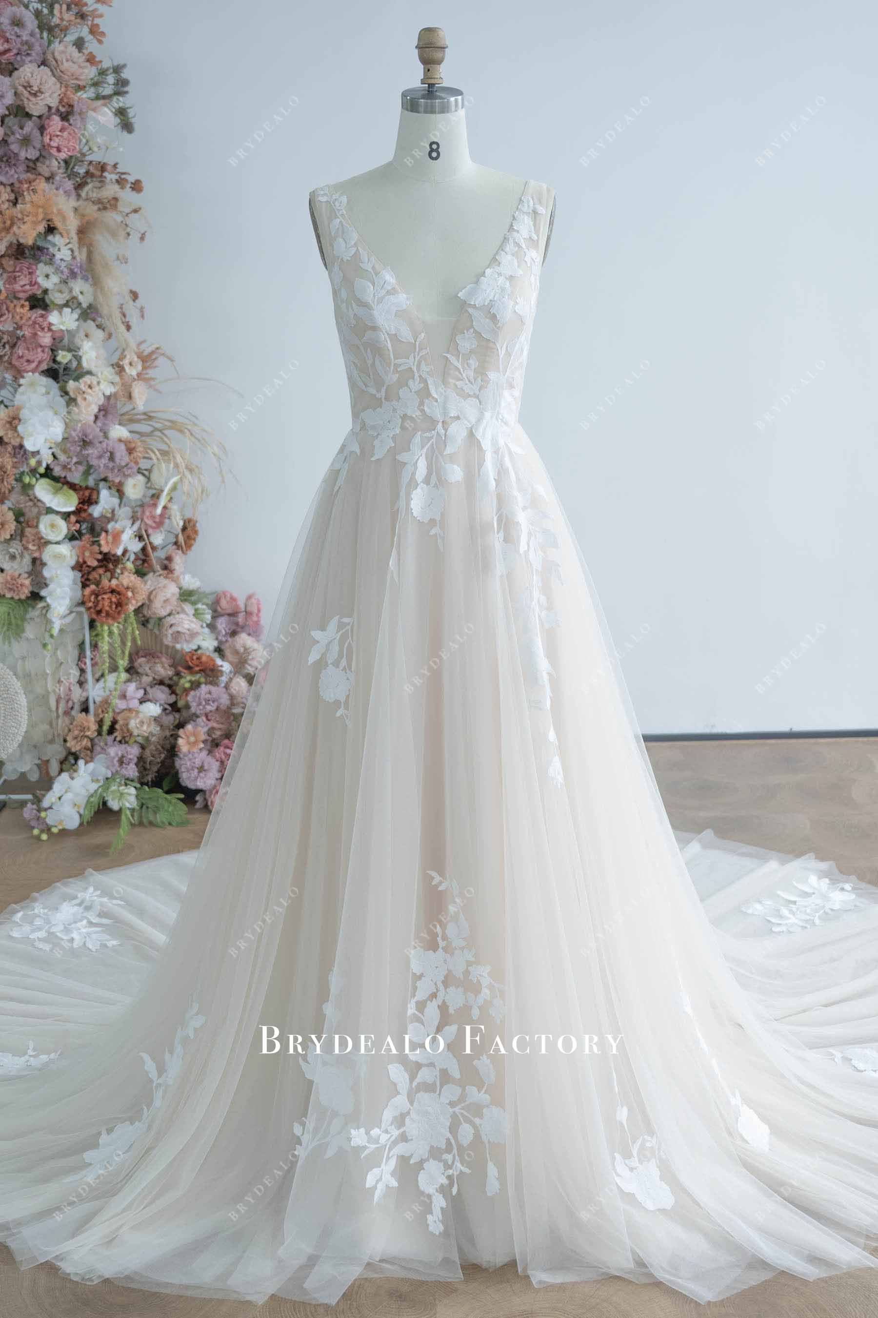 nude organic lace Aline wedding dress