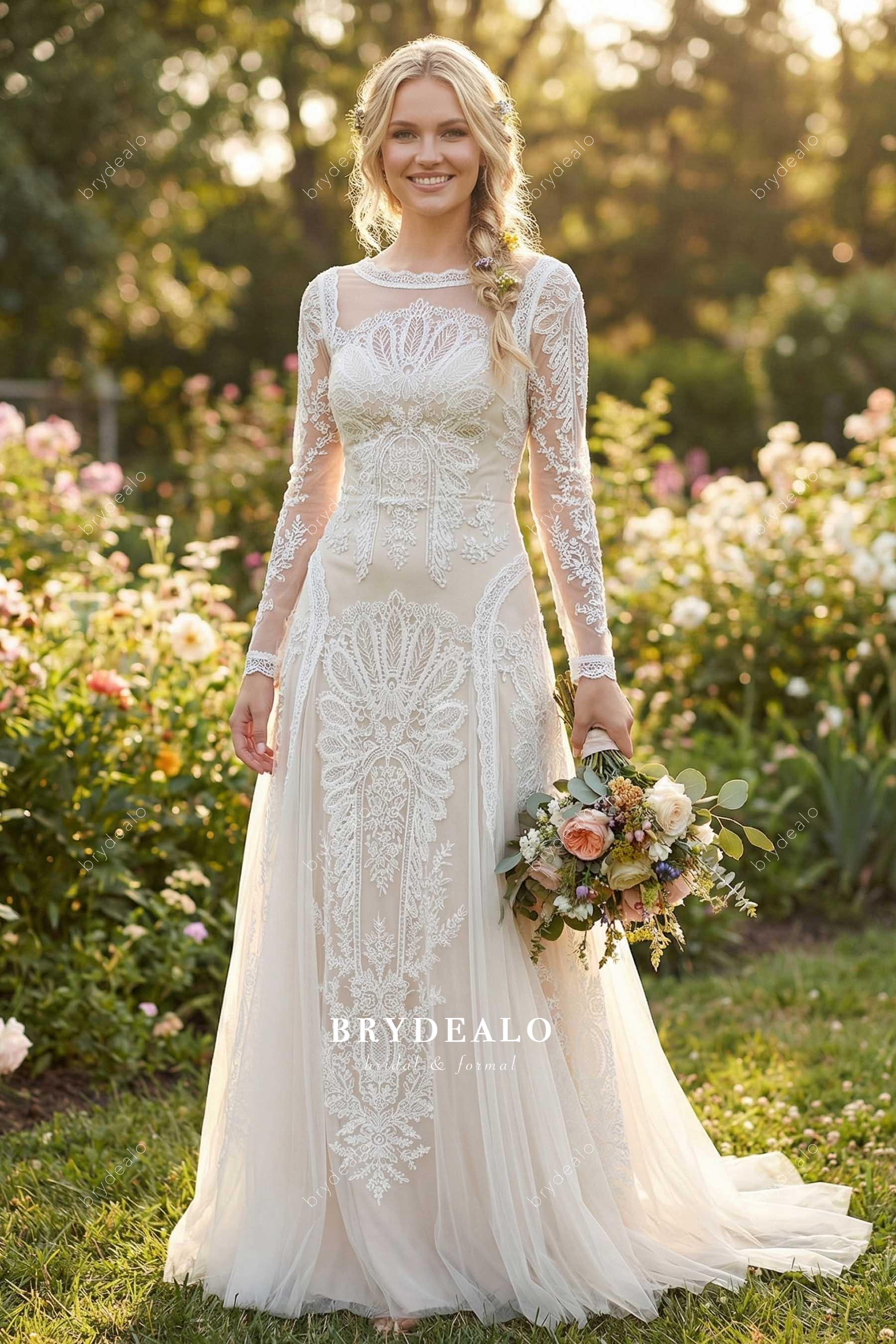 Exquisite Lace Illusion Long Sleeve A-Line Wedding Dress Light Champagne Exquisite Lace Illusion Long Sleeve A-Line Wedding Dress Light Champagne