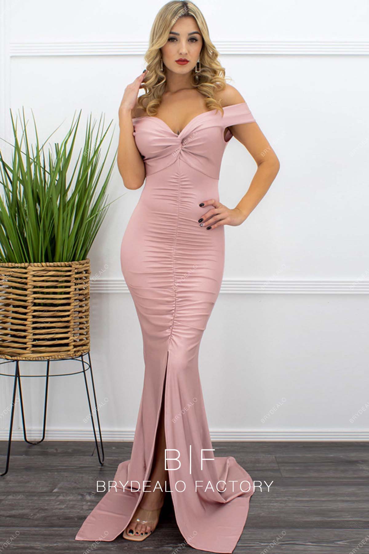 Nude Pink Twisted Off-shoulder Slit Mermaid Bridesmaid Dress