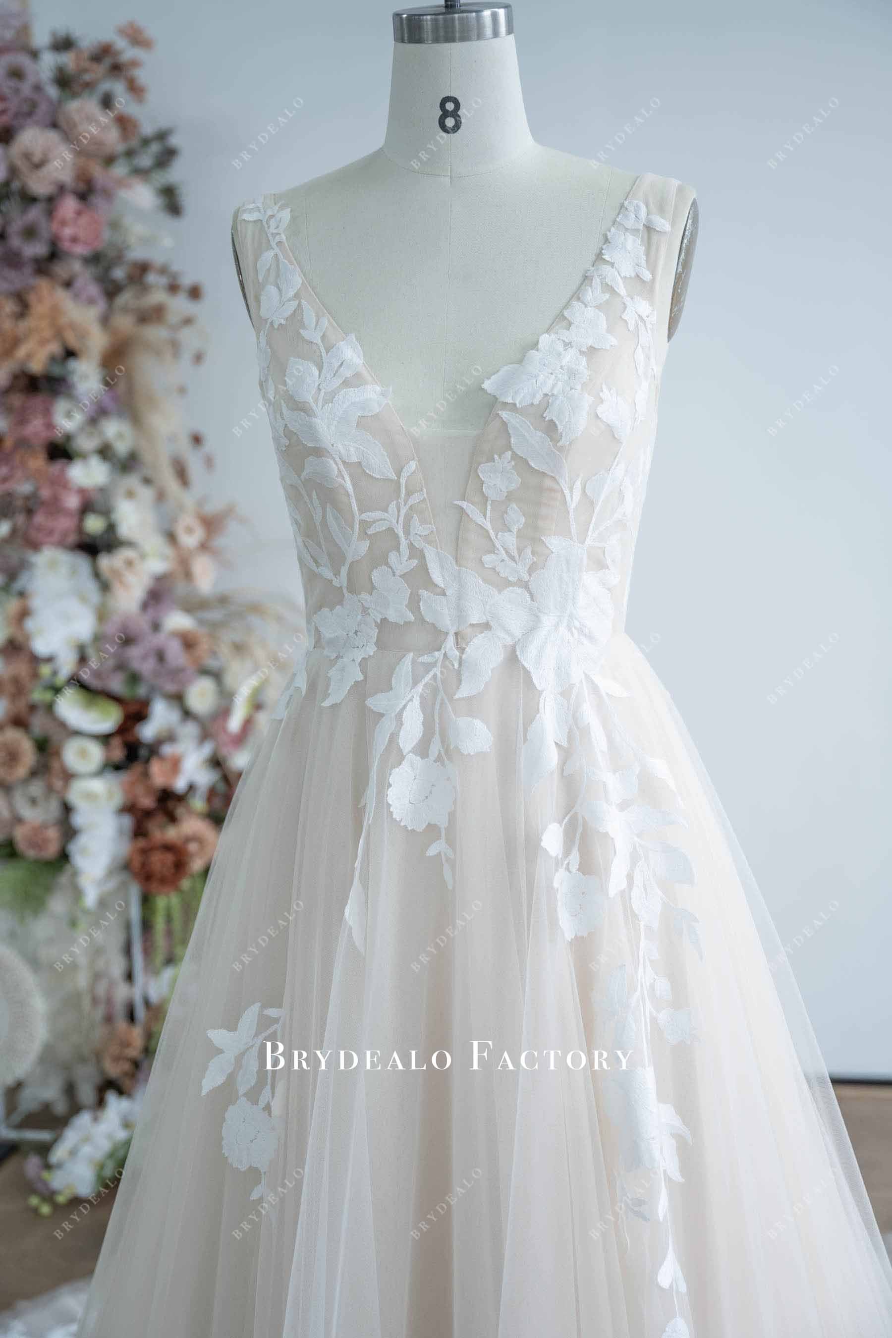 nude plunging lace wedding dress