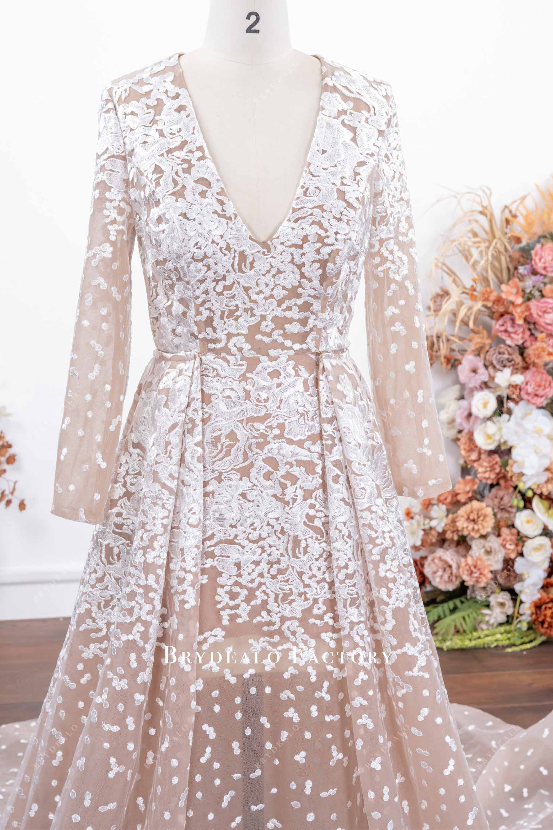nude sleeved lace wedding dress