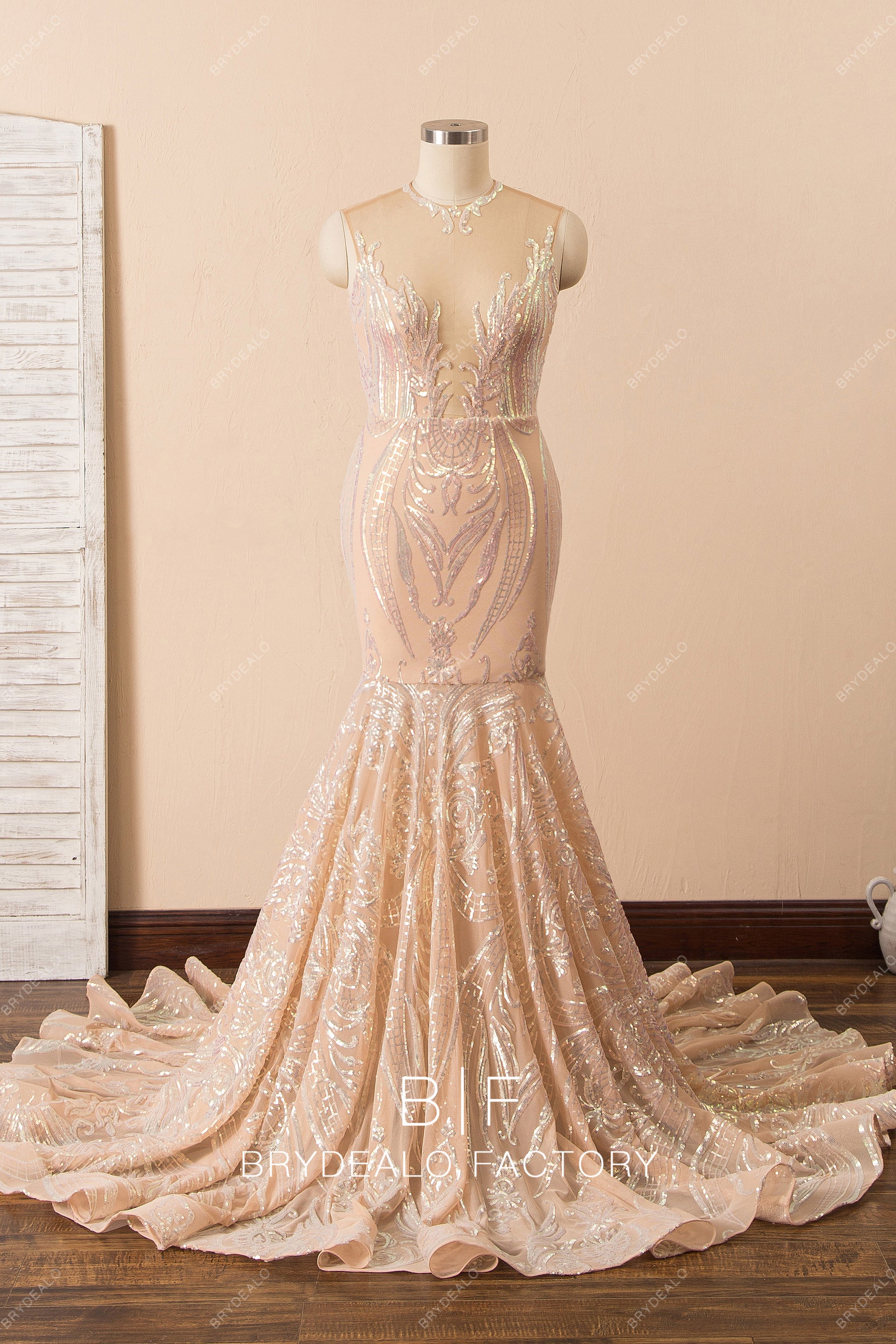 Nude Sparkly Mermaid Prom Dress with Ruffled Long Train Nude Sparkly Mermaid Prom Dress with Ruffled Long Train