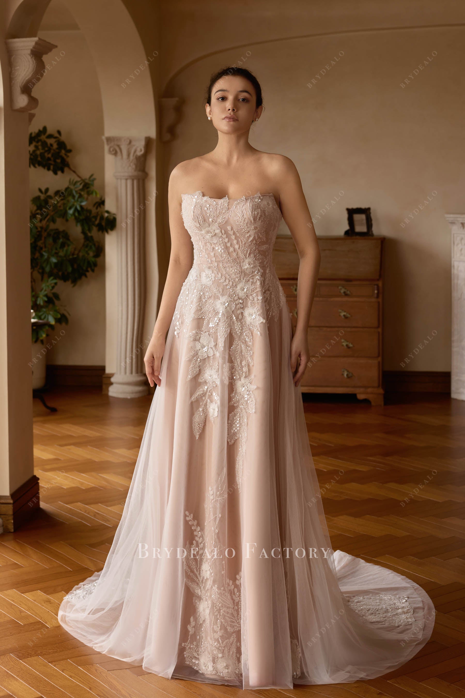 Nude Detachable Cape Beaded Lace A-line Wedding Dress