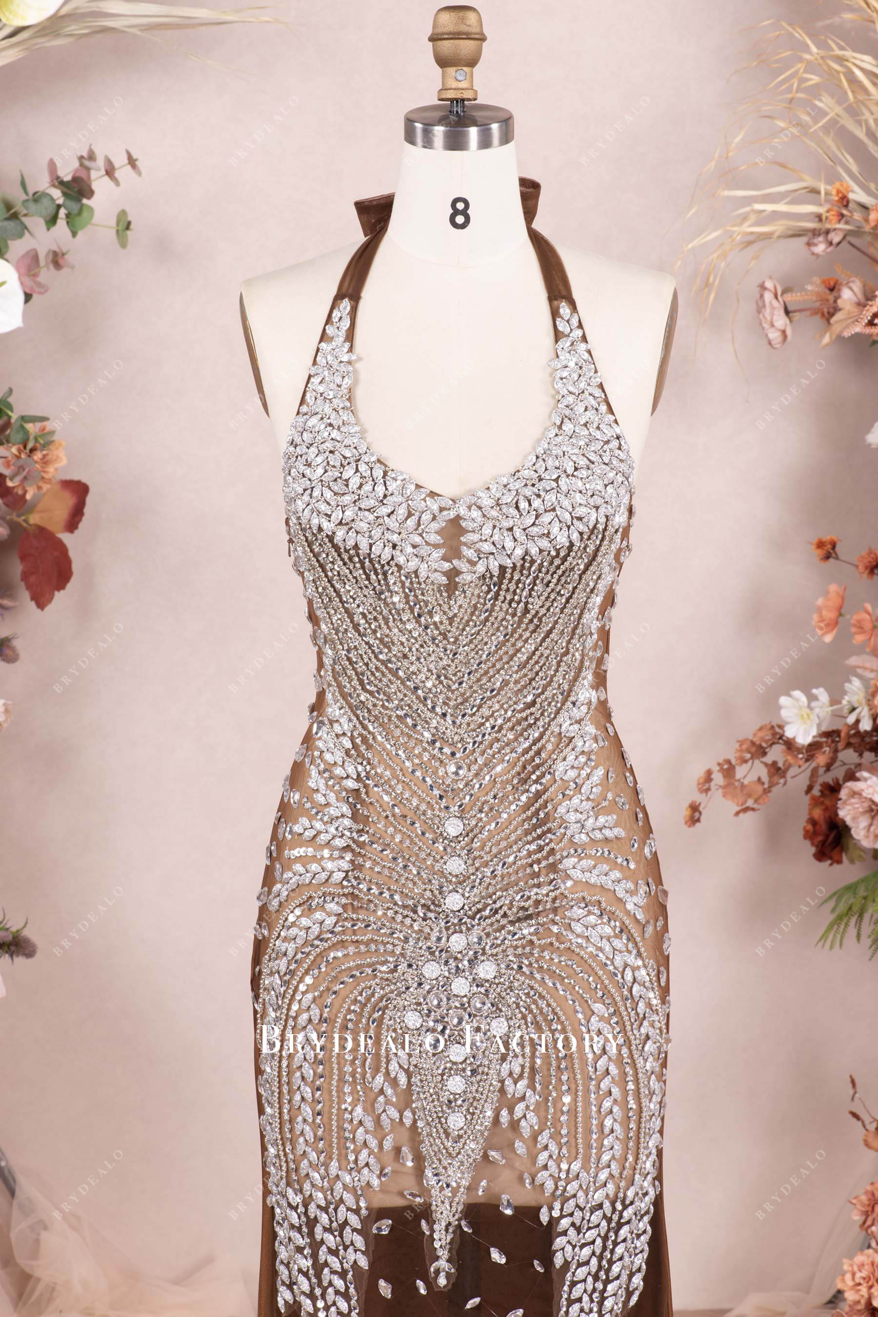 nude tulle halter neck sparkly formal dress