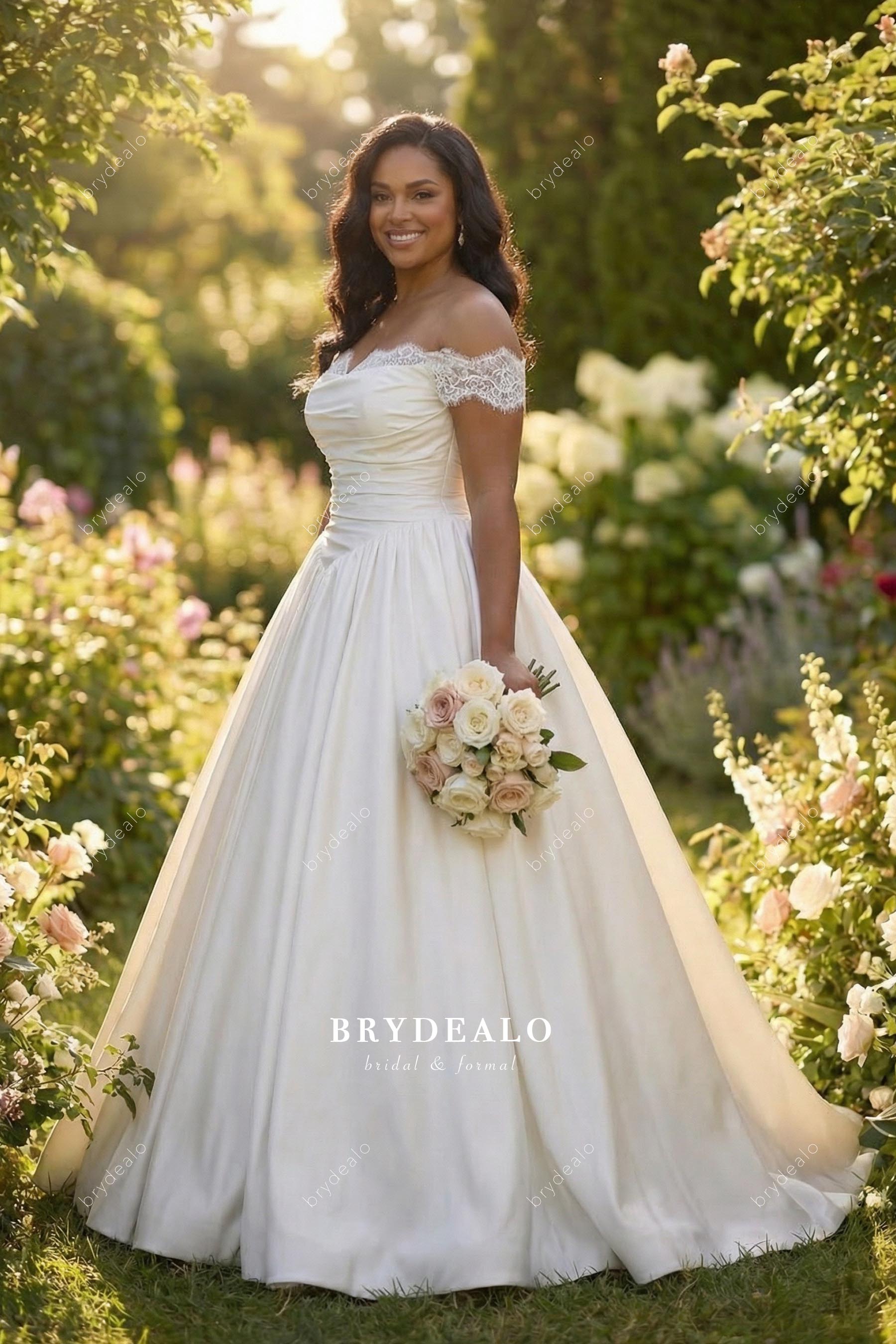 off shoulder Basque waist bridal dress