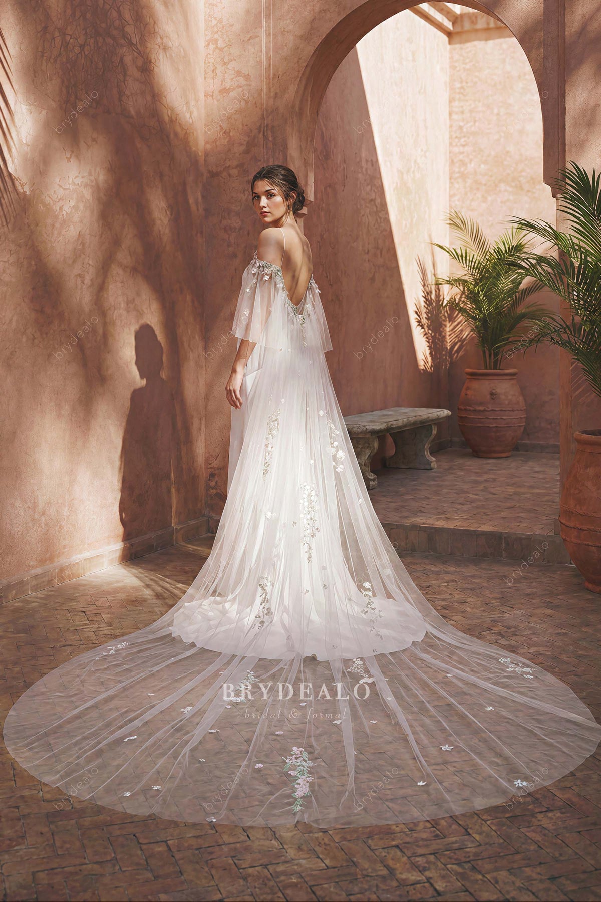 off-shoulder beaded lace wedding cape