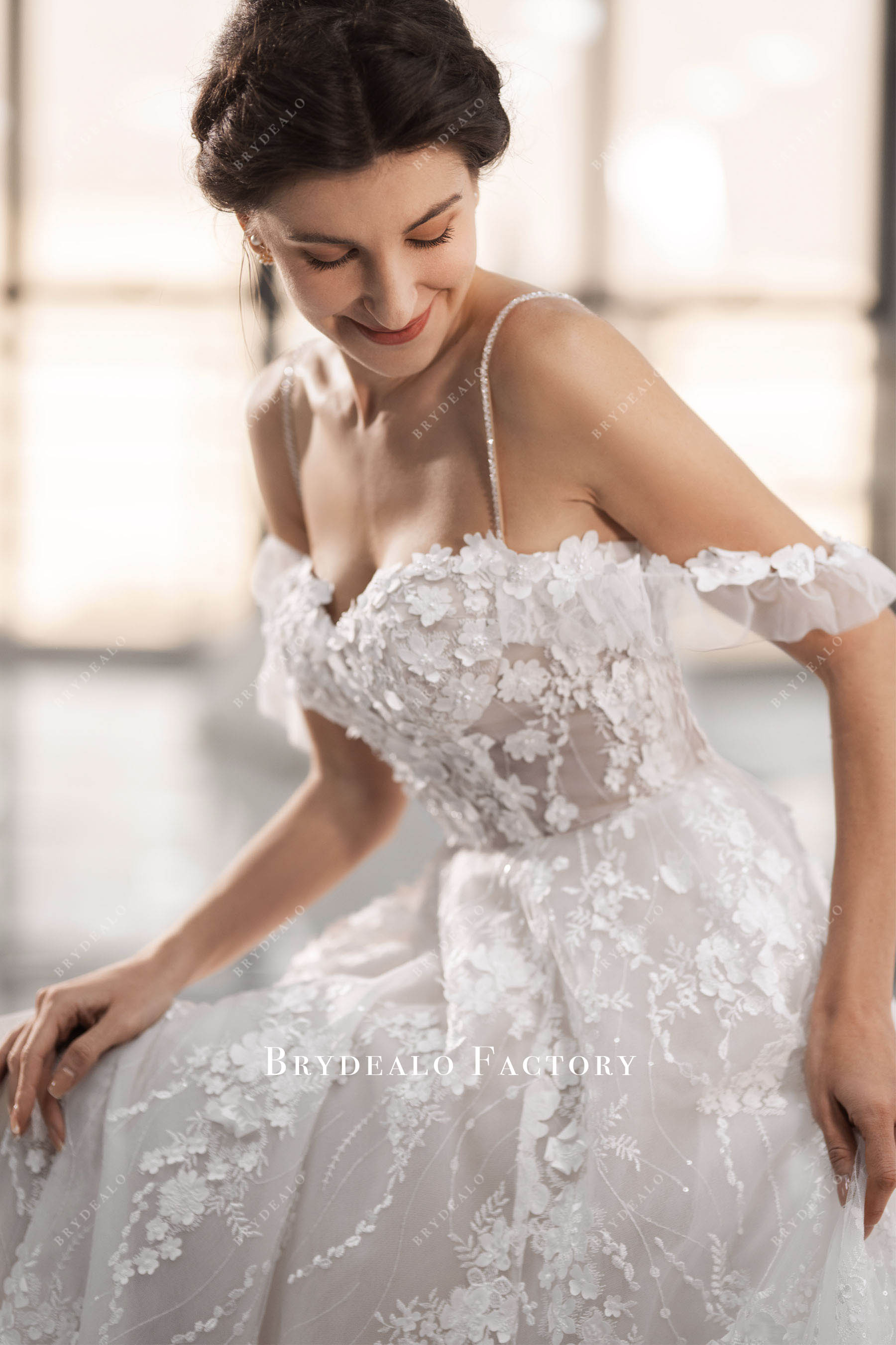 off shoulder beaded straps wedding dress