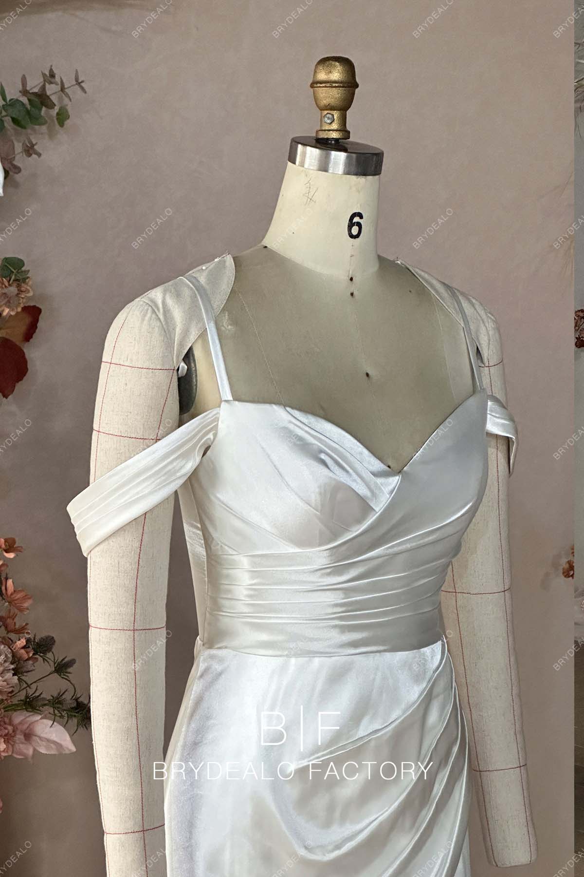 off shoulder ruched bridal dress