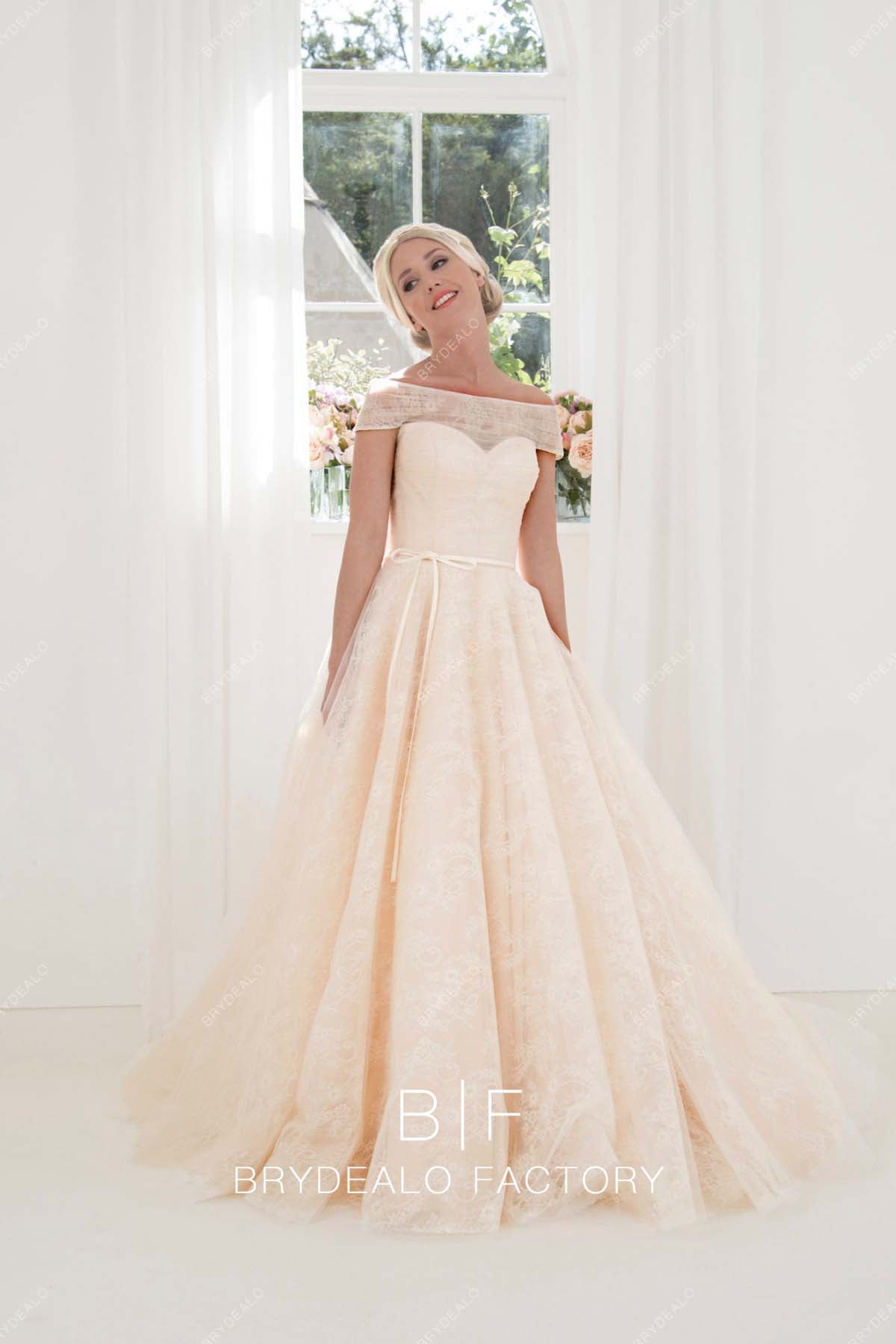 off shoulder champagne Overskirt long bridal gown