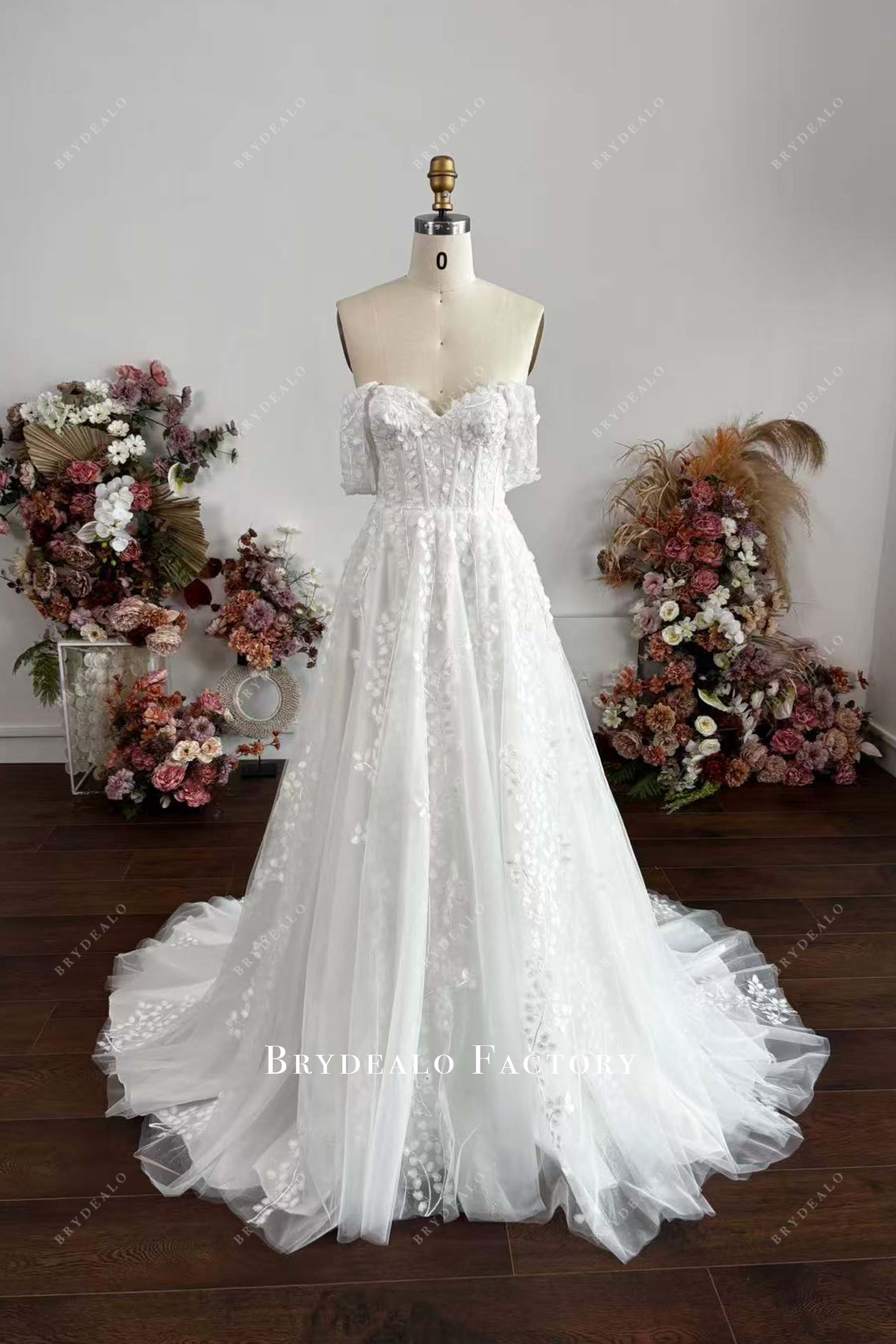 cream midi dress with sleeves Off Shoulder Corset Private Label Lace Bridal Gown