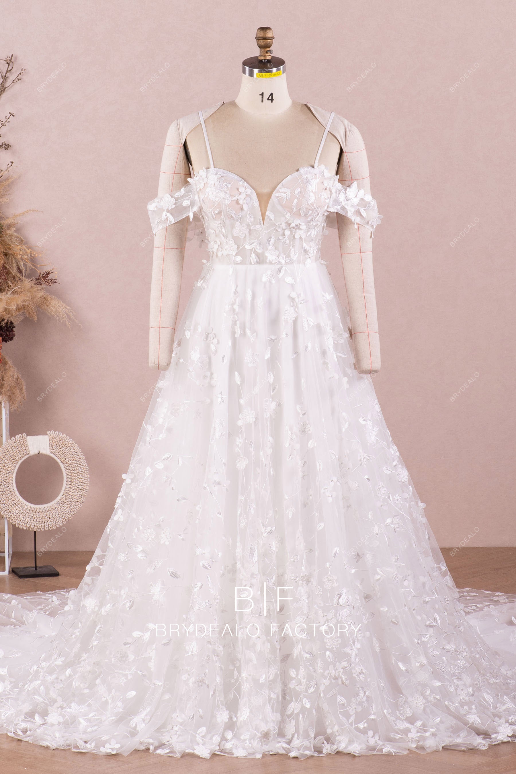 off shoulder flower lace Aline wedding dress