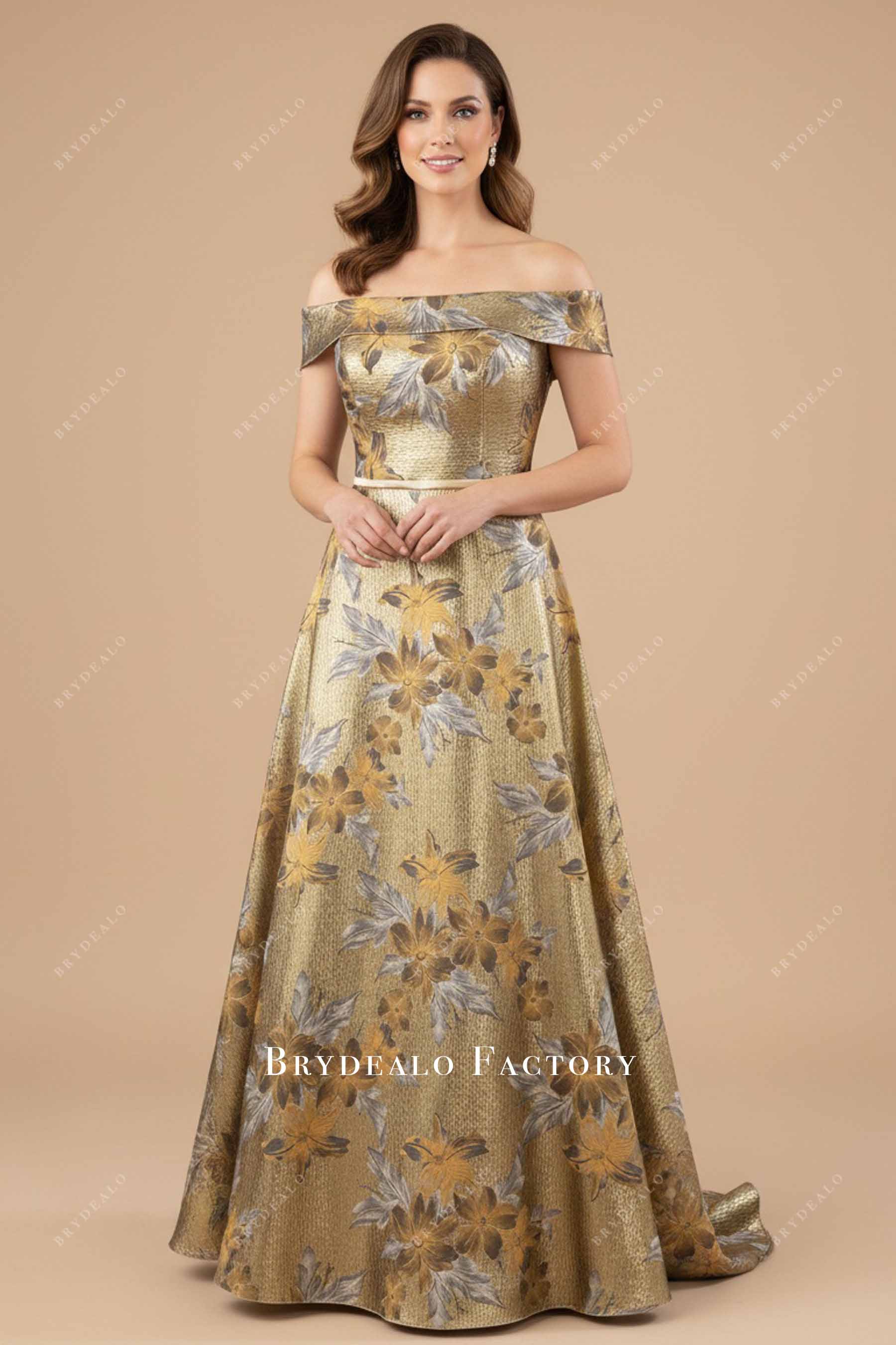 off-shoulder gold jacquard dress