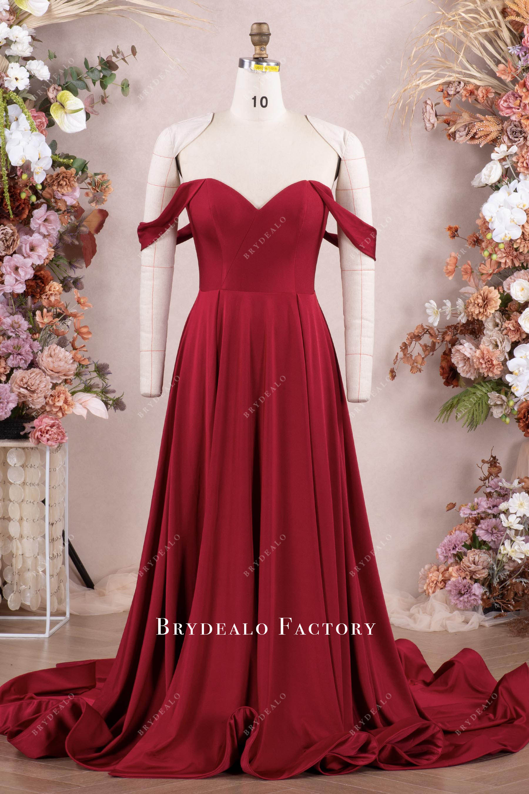 Elegant Burgundy Off Shoulder Slit Bridesmaid Dress Floor Length with A Court Train