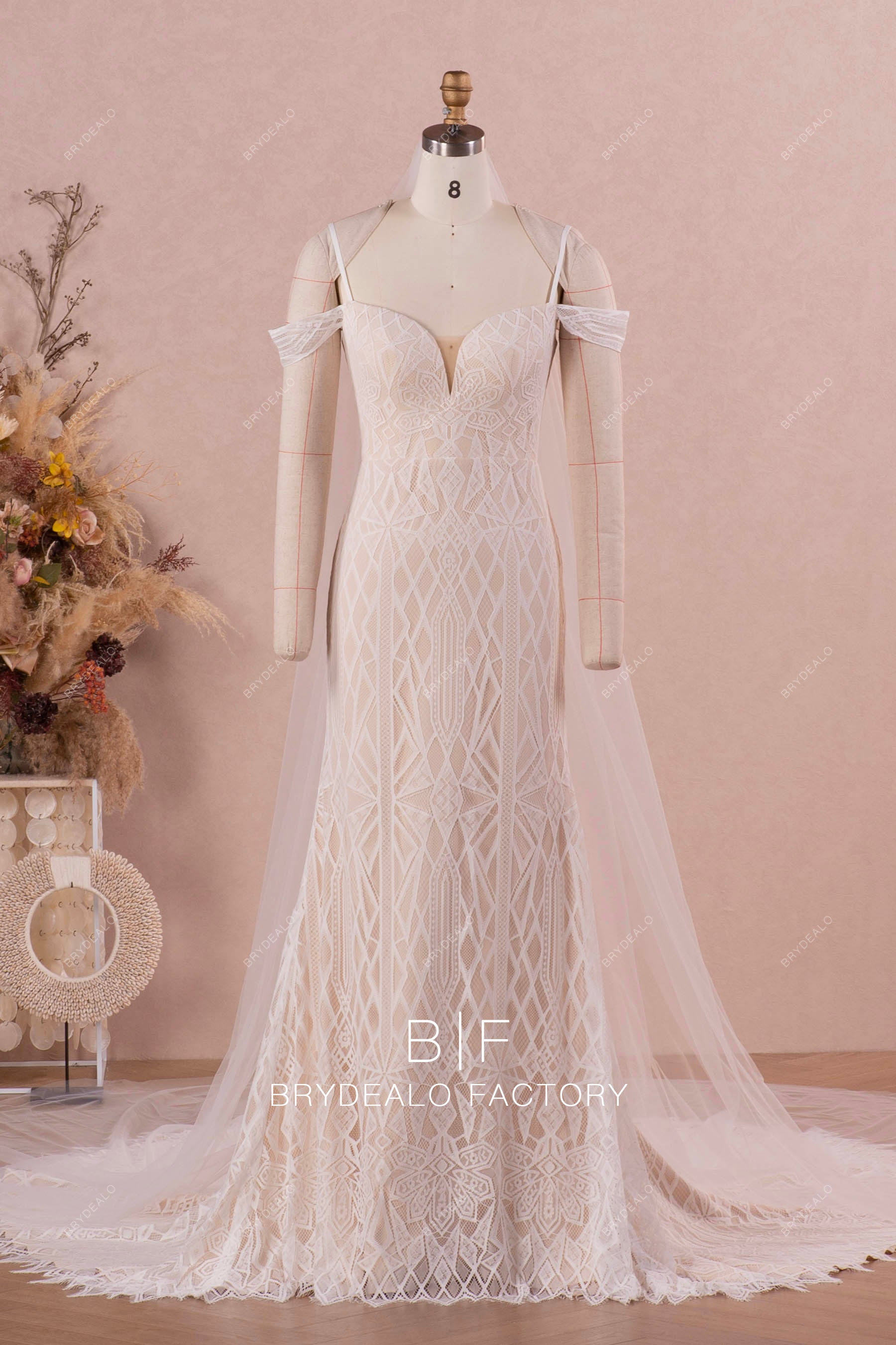 V-neck Lace Bolero Crepe Crop Top Mermaid Private Label Wedding Dress Light Ivory / Dress with the Matching Veil V-neck Lace Bolero Crepe Crop Top Mermaid Private Label Wedding Dress Light Ivory / Dress with the Matching Veil
