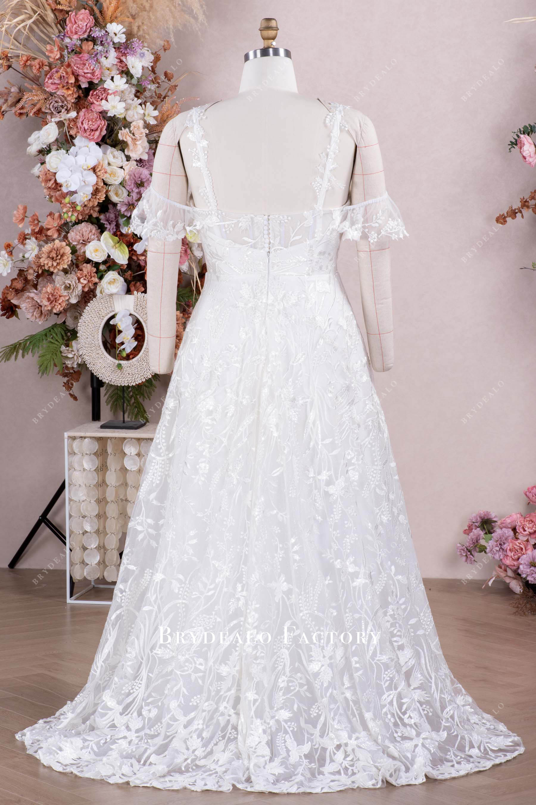 off-shoulder lace sleeve Aline wedding gown