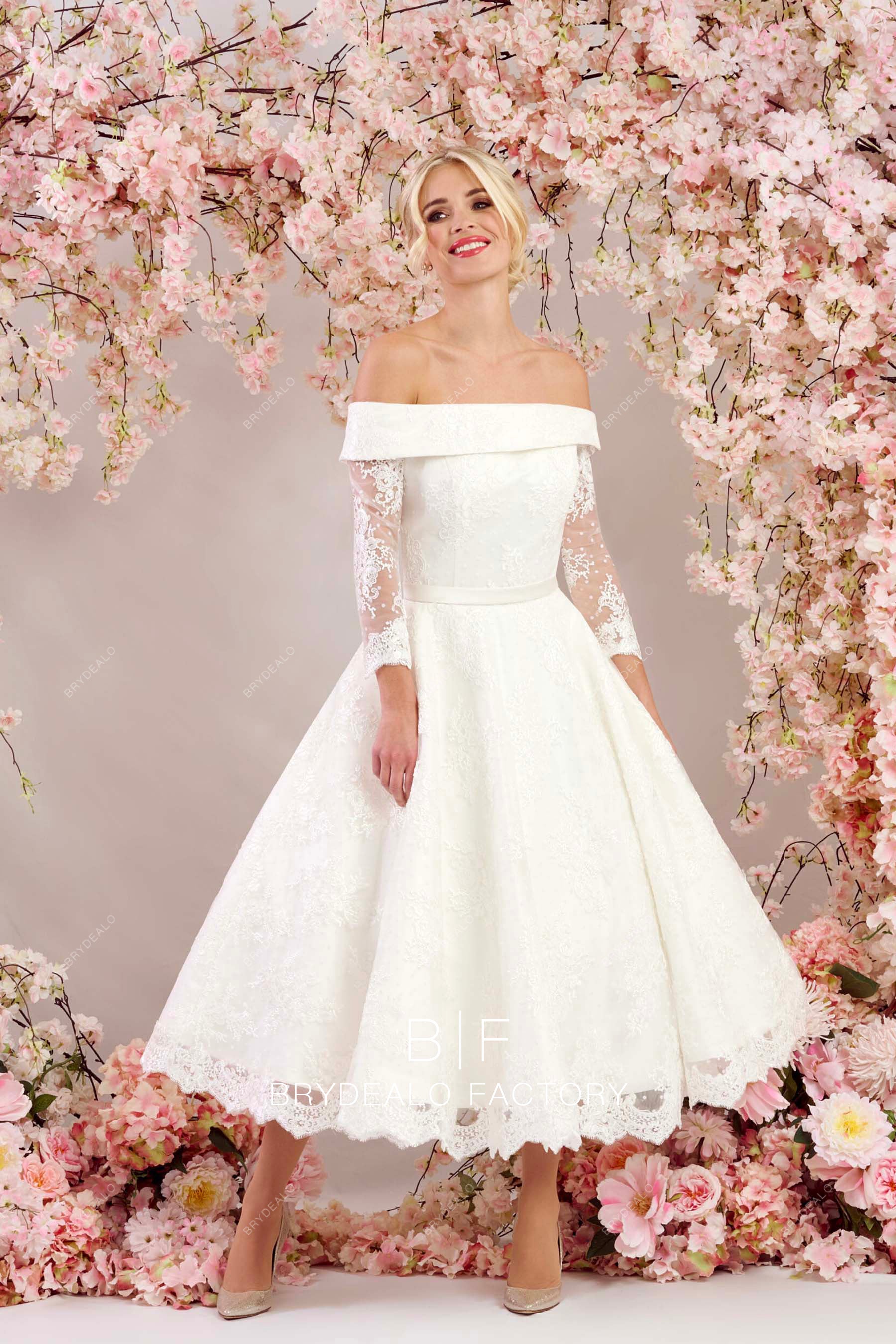 off shoulder lace tea-length wedding dress