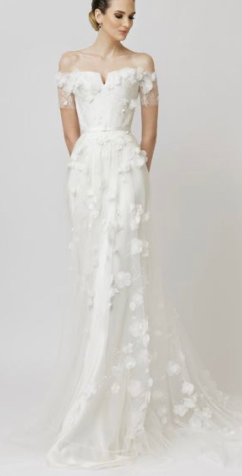 Fae Off White Shoulder Lace Detail Bridal Gown Dress