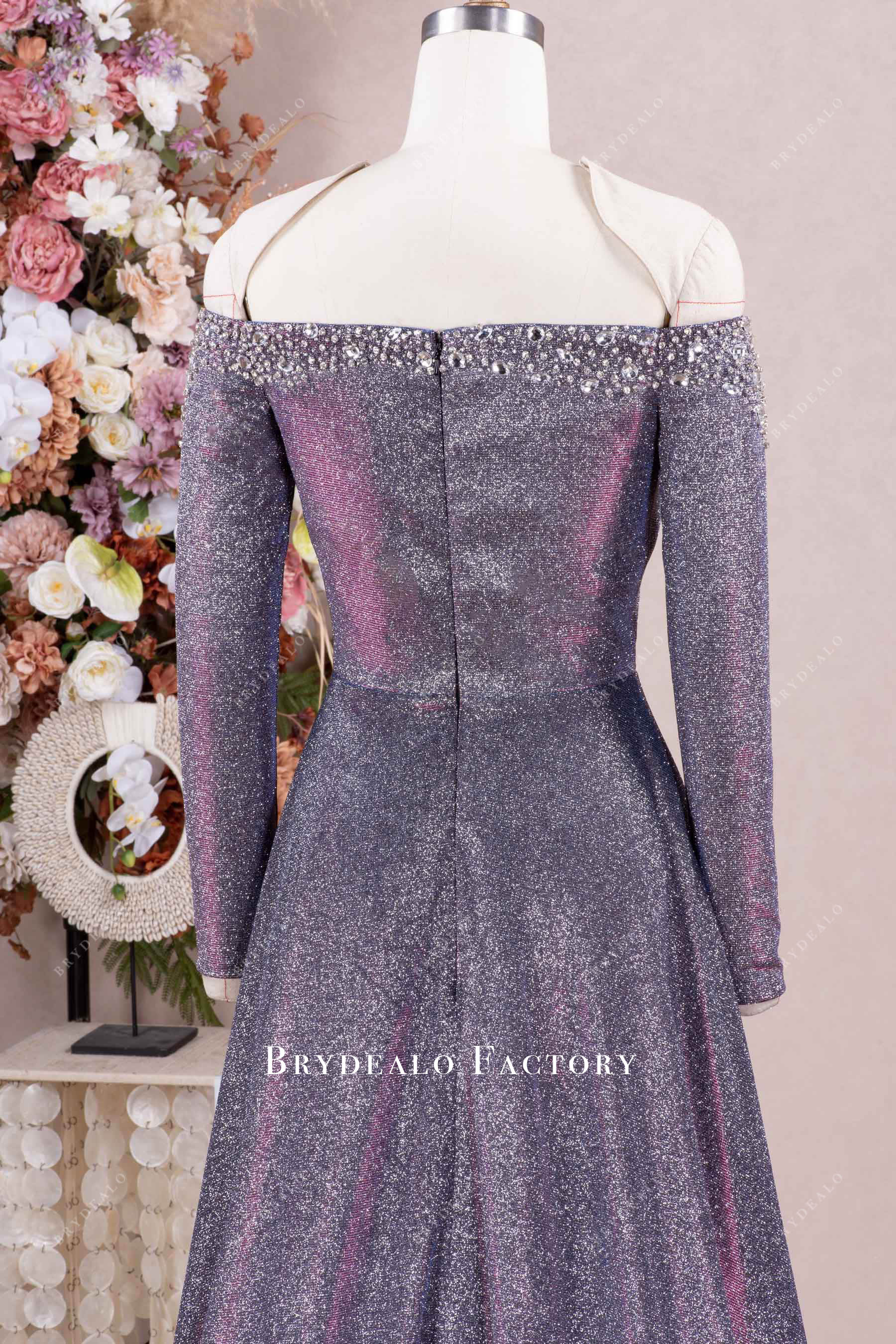 off-shoulder long sleeve shimmery formal dress