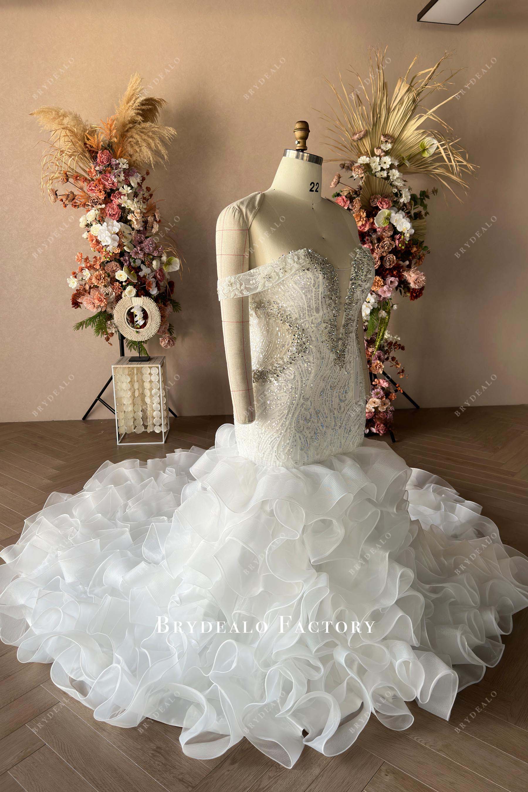 off shoulder ruffled long train wedding dress