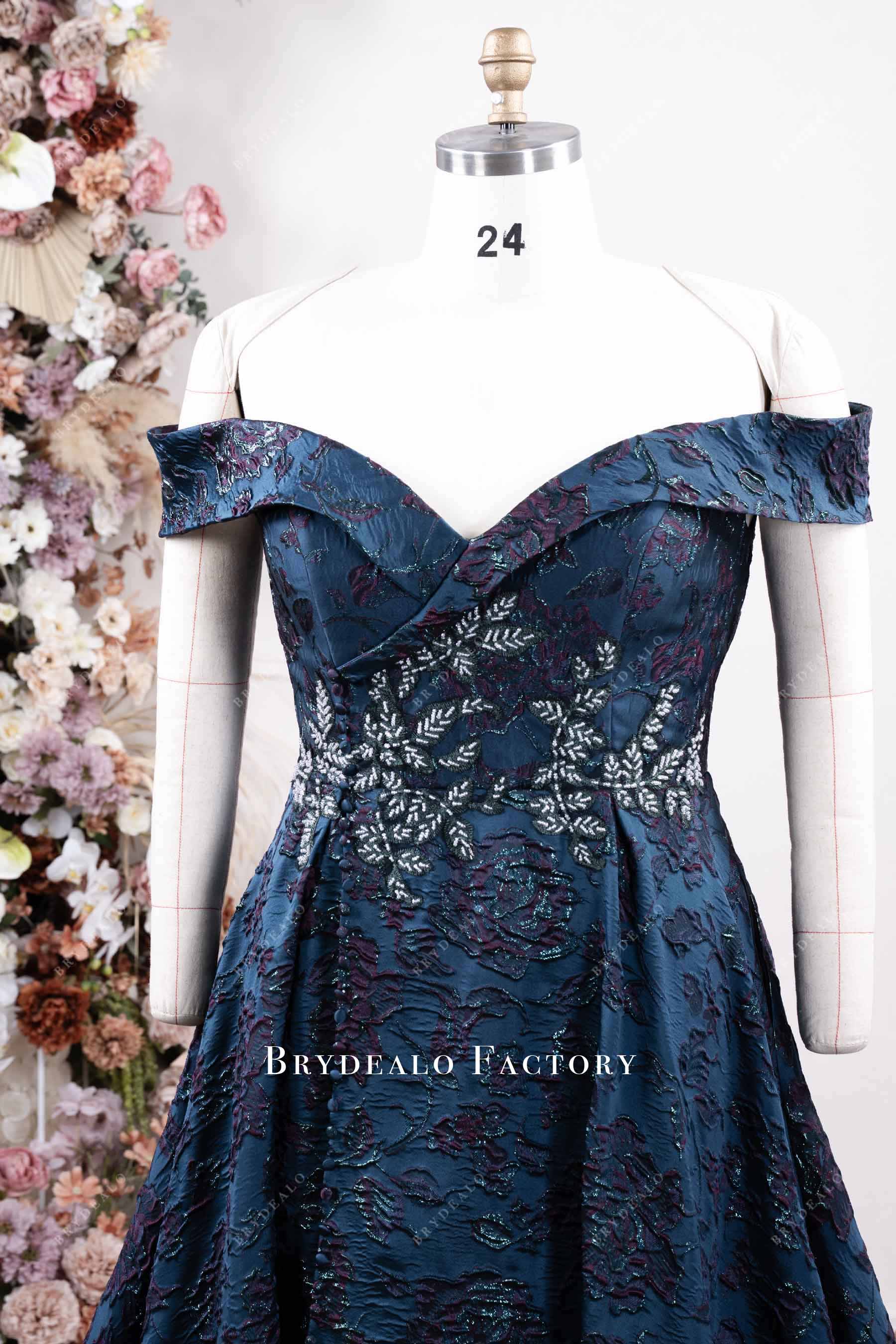 off-shoulder mother of bride dress