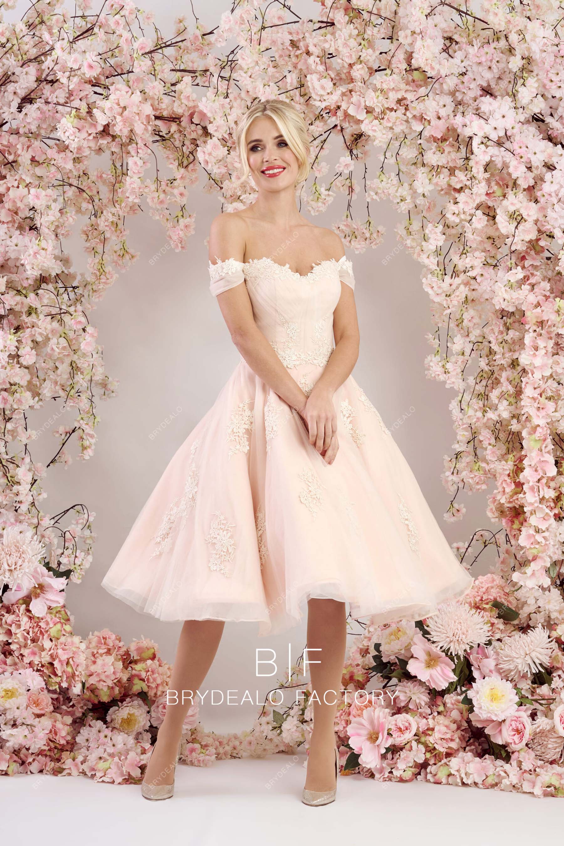 off shoulder pearl pink bridal dress online